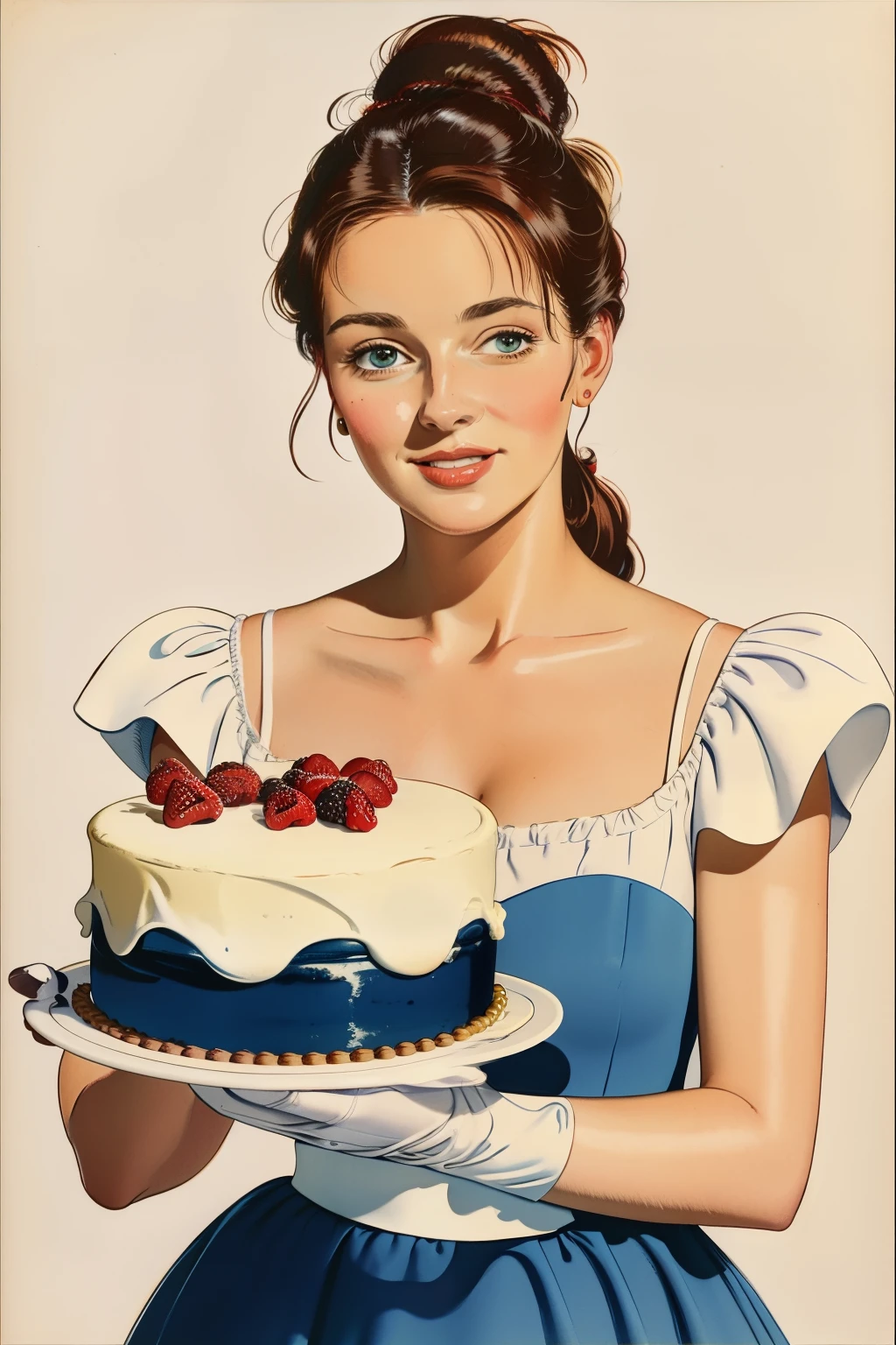 masterpiece, best quality, Woman holding a whole cake, 8k, White background，Solid color background，Woman holding cake, 8k, (Clear focus,  Very detailed) Warren Tufts, Retro