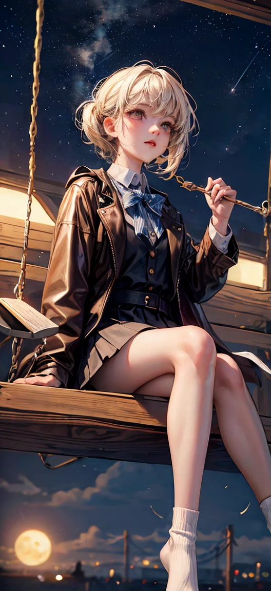 best quality, very good, 16k， Ridiculous, Extremely detailed, The tiny girl sits on the swing in the corner of the picture，Far right, Staring into the distance,coat，Short skirt, Bare legs，White socks，thin，thin legs，Attractive appearance, wind, wind-effect, Autumn Night，village，Moon night scene, Milky Way，Starry Sky，splendid，(Magnificent views:1.1) ，night landscape，the whole night sky，spectacular