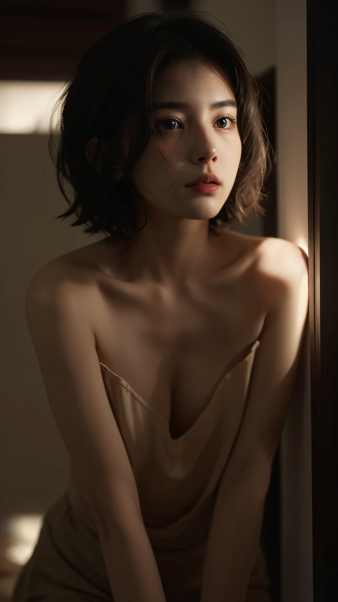 Best quality， masterpiece， Ultra-high resolution， （Realistically：1.5）， RAW photos， 1 cat， cute， In the light， deep shadow， Low profile， Cold Light， sexy look， short hair