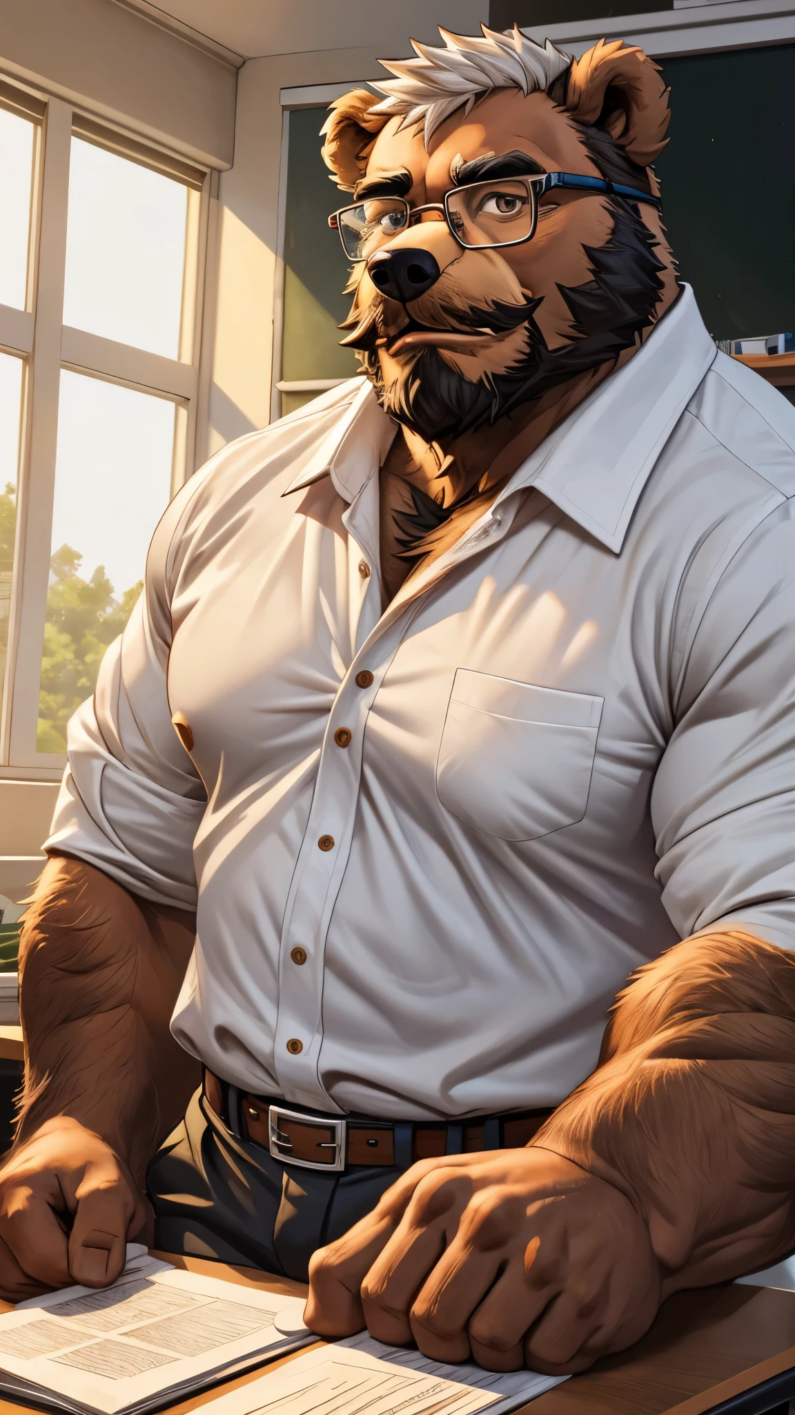 Huge Muscular Old man wearing shirt and glasses as teacher in class, (furry bear, an anthro, anthro), bearded, mustache, short white hair, halfbody, looking to viewer, masterpiece, high detailed, 8k, high resolution