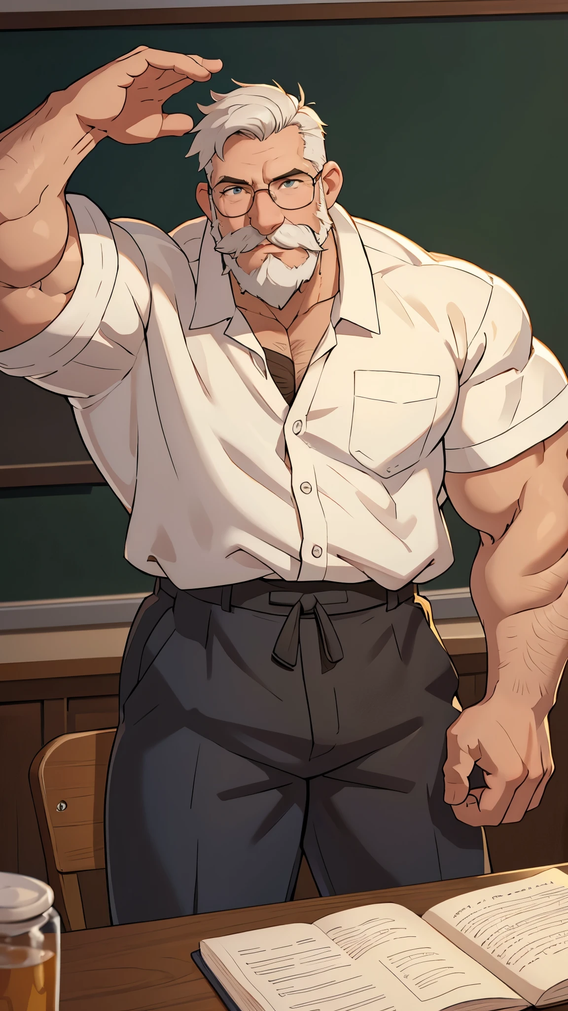 Huge Muscular Old man wearing shirt and glasses as teacher in class, bearded, mustache, short white hair, halfbody, looking to viewer, masterpiece, high detailed, 8k, high resolution