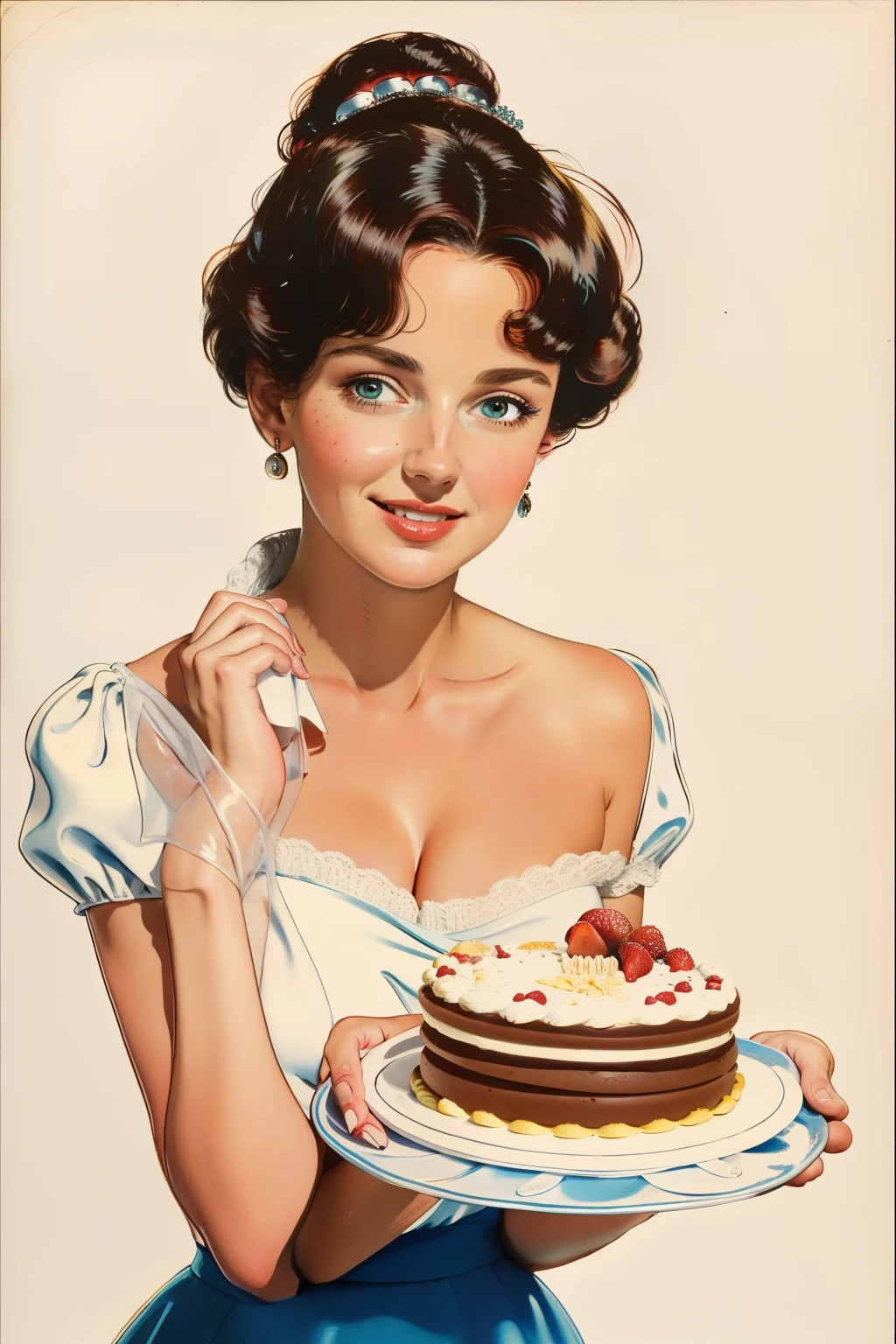 masterpiece, best quality, Woman holding a whole cake, 8k, White background，Solid color background，Woman holding cake, 8k, (Clear focus,  Very detailed) Warren Tufts, Retro