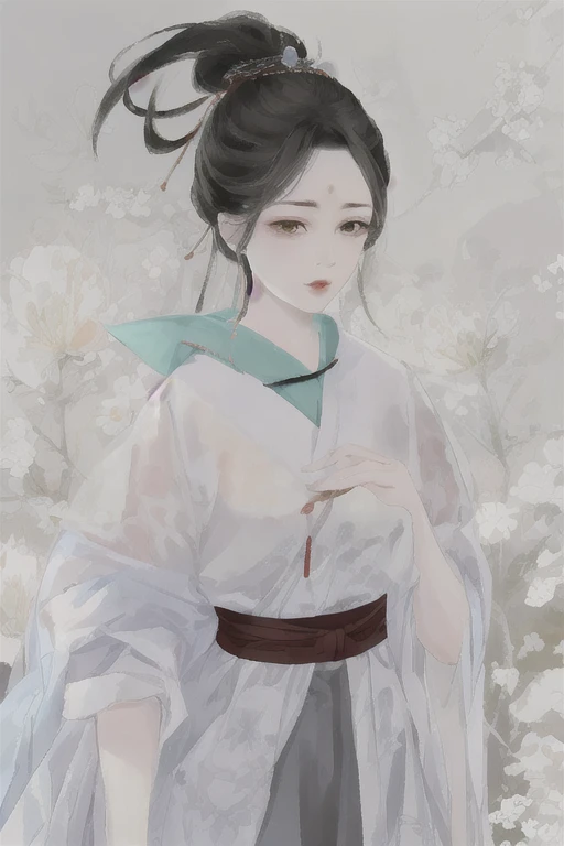 An ancient Chinese beauty sitting on a stone, wearing ancient Chinese clothing, flowing tulle, light silk, lazy posture, large lotus leaf, lotus, ink painting style, clean color, decisive cutting, blank, freehand, masterpiece, super detailed, epic composition, high quality, the highest quality, 4k --v 6