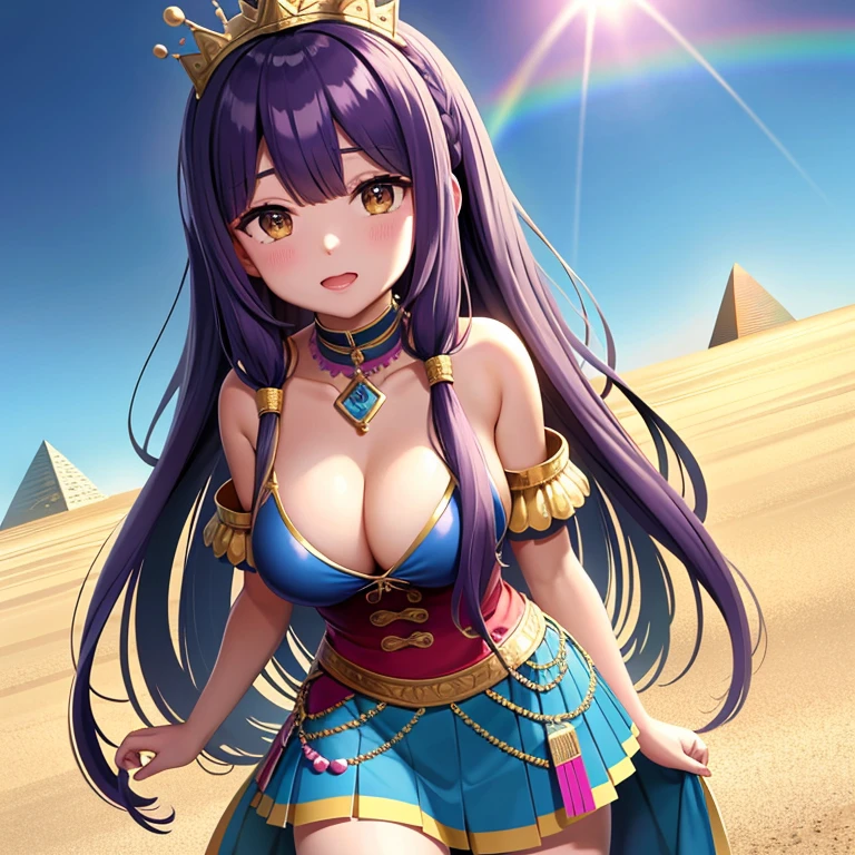 A rainbow hangs over the blue sky,desert,pyramid,Cleopatra,Interested々,Dacchuno,cute,Ai Fukuhara,Purple long hair,Large breasts,Wearing a skirt,Golden Crown