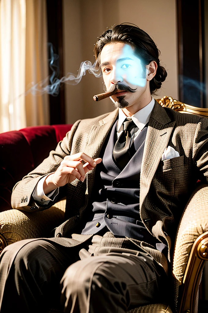 (best quality,4k,8k,highres,masterpiece:1.2),ultra-detailed,(realistic,photorealistic,photo-realistic:1.37),portrait,professional,studio lighting,(vivid colors:1.1),sharp focus,(oil painting:1.1),(man,gentleman:1.1) with (thick mustache, well-groomed mustache:1.2) and a (subtle smile, slight smile:1.1), holding a (cigar, cigarate, lit cigar:1.2) in his hand, (refined suit, elegant suit, tailored suit:1.1) with a (matching tie:1.1), sitting in a (luxurious armchair, comfortable armchair) in a (richly decorated room:1.1). The room is filled with (warm, golden:1.1) light, highlighting the (subtle details of the man's face:1.2), capturing the (smoke, aroma:1.1) from the (cigar:1.1). The background features (ornate, antique:1.1) furniture, (delicate patterns:1.1), and (luxurious fabrics:1.1), creating an atmosphere of (elegance, sophistication:1.1) and (timeless style:1.1).