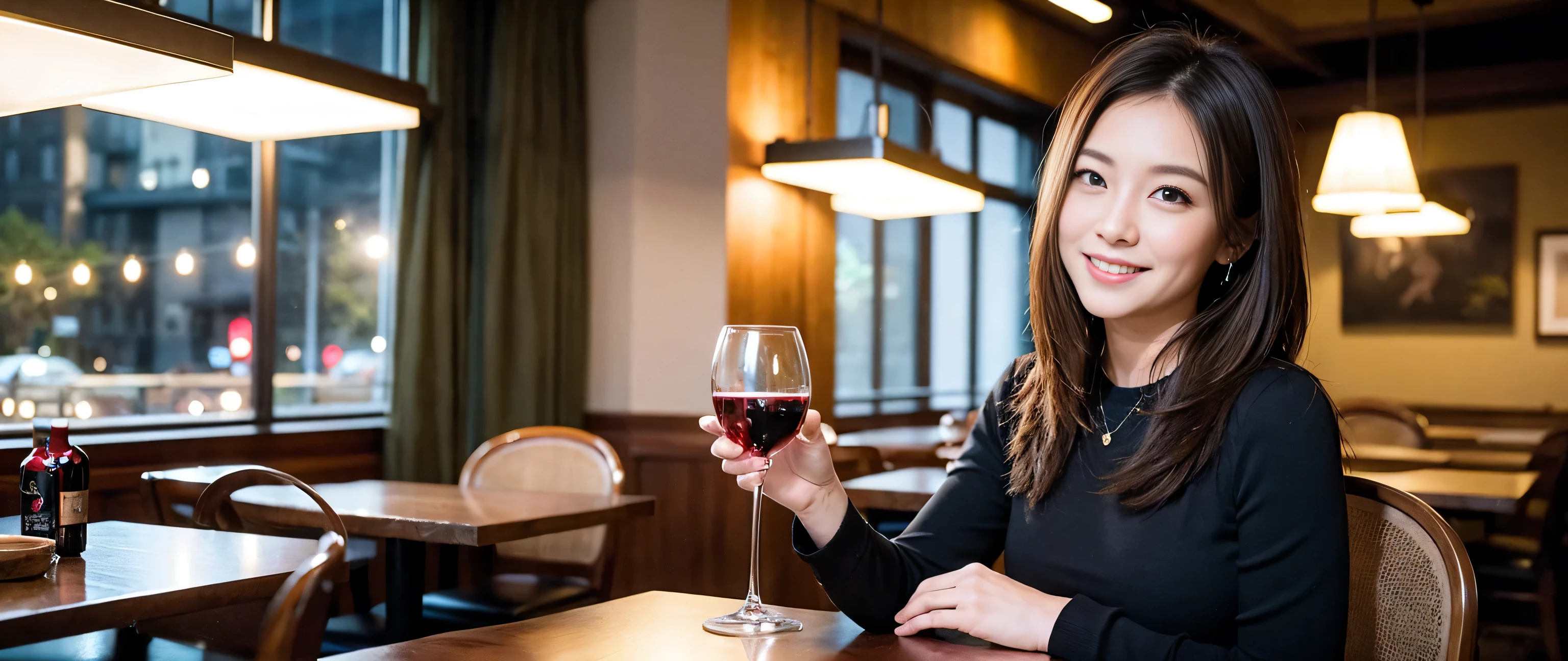 ((highest quality、8k、masterpiece:1.3))、Sharp focus:1.2、Beautiful woman perfect body:1.4、Slim body、((Bob Hale、Straight hair:1.2))、(to be born, highest quality, masterpiece:1.5), (Realistic, Intricate details:1.2), Wine glass on the table、shine a light on your face、 Amazing view of the sunset sky and clouds、Amazing mountain views、A bright smile、A lovely woman with a smile、Bright image、2. The beauty of wine, Beautiful Face, blue eyes, The light shines on your face, Blushing, short hair,Bright Face、Fox face、 (43 years old), 39 years old, Lady、red wine 、Appetizers、Italian food、Wine bottle、Champagne、sparkling wine、Two beauties、Brown Hair、Shortcuts、Long sleeve shirt、dress、Pretty Woman 1, (Slim face), (The body is slim), (Brown Hair), (Shortcuts), cheeks turn a little red,Attractive beauty、, Out of the window, A beautiful and detailed night view unfolds.........., restaurant, In a prominent place (From the waist up) Nova Frog Style, actress, model, Upper Body, White wine, slim, wine glass, A wine glass placed in the middle, smile, (smile: 1.15), Beautiful fine grain, Depth f/2,saturation, High Contrast, Strong light and shadow,Moist Body:1.5、3D texture、Delicate eyes、Brown Hair、The hair is very shiny、