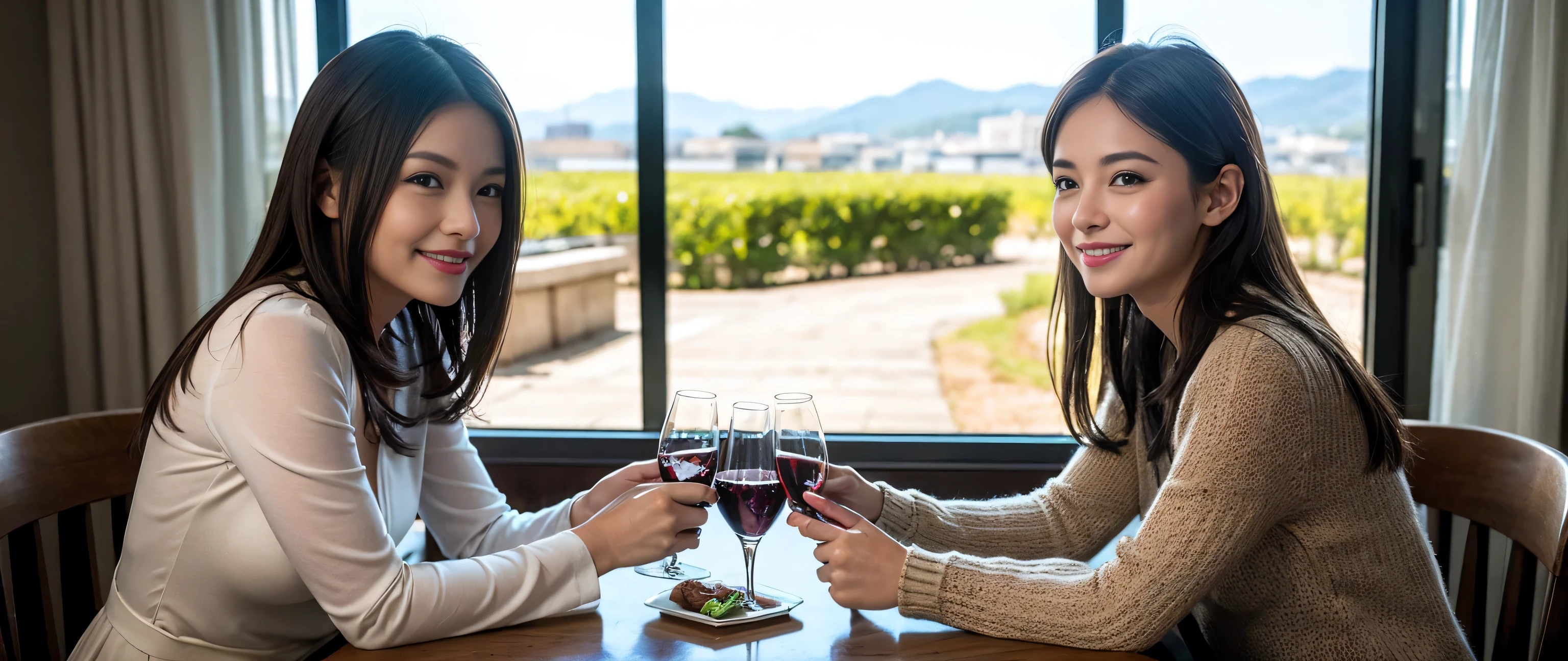 ((highest quality、8k、masterpiece:1.3))、Sharp focus:1.2、Beautiful woman perfect body:1.4、Slim body、((Bob Hale、Straight hair:1.2))、(to be born, highest quality, masterpiece:1.5), (Realistic, Intricate details:1.2), Wine glass on the table、shine a light on your face、 Amazing view of the sunset sky and clouds、Amazing mountain views、A bright smile、A lovely woman with a smile、Bright image、2. The beauty of wine, Beautiful Face, blue eyes, The light shines on your face, Blushing, short hair,Bright Face、Fox face、 (43 years old), 39 years old, Lady、red wine 、Appetizers、Italian food、Wine bottle、Champagne、sparkling wine、Two beauties、Brown Hair、Shortcuts、Long sleeve shirt、dress、Pretty Woman 1, (Slim face), (The body is slim), (Brown Hair), (Shortcuts), cheeks turn a little red,Attractive beauty、, Out of the window, A beautiful and detailed night view unfolds.........., restaurant, In a prominent place (From the waist up) Nova Frog Style, actress, model, Upper Body, White wine, slim, wine glass, A wine glass placed in the middle, smile, (smile: 1.15), Beautiful fine grain, Depth f/2,saturation, High Contrast, Strong light and shadow,Moist Body:1.5、3D texture、Delicate eyes、Brown Hair、The hair is very shiny、
