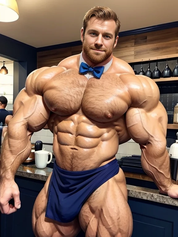 (1boy), (soft smile), tan skin, barista in a french cafe, wearing a bow tie and black jockstrap, daylight, drinking a cup of coffee, (muscular:1.5), ginger, (defined muscles:1.5), (beautiful:1.5), (handsome:1.4), (gorgeous:1.3), ginger, flexed chest, black apron, Armie Hammer with radiant blue eyes, hairy, muscle bimbo, unrealistically big crotch, (strained muscles:1.5)