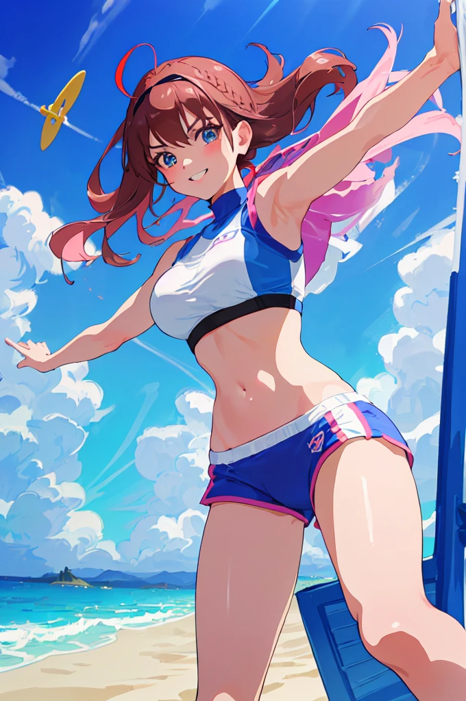 imagined a girl in extreme sport outfit playing to a flying disc game in a beach arena game sport, masterpiece, ultra-detailed, 80's anime (style), 2D, megapixel, perfectionism, full HD , 4K, (windjammers), windjammers sport game, windjammers 2 (((((solo mature anime woman,)))))++++++++++++++++++, looking at viewer, full body, brown hair and pink hair, short hair, weird hair, smile, lips, eyelashes, medium breasts, gym uniform, uniform, gym shorts, headband, sports bra, elbow pad, knee pad, extreme sports outfit 80's theme, beach background, playing flying disc game on a beach court game, sea, sun in the sky, sports wear