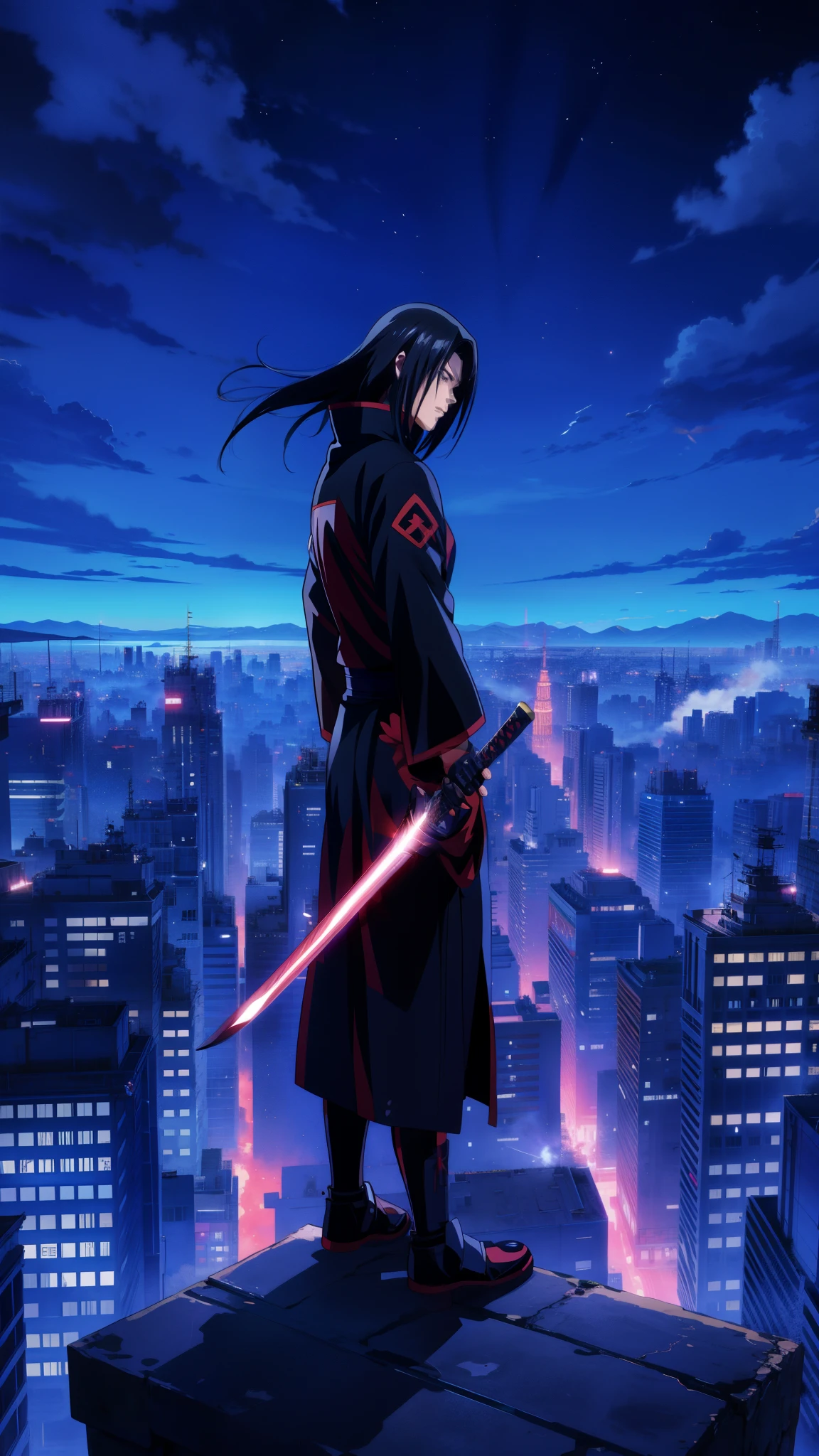 a person standing on top of a building with a sword, itachi, itachi uchiha, top 25 fantasy anime series, hd anime wallpaper, anime hd wallpaper, ultra hd anime wallpaper, anime”, samurai jedi, portrait of ninja slayer, aragorn in an anime world, holding a black katana, anime key visual”, anime hd, anime background, 4k professional painting, game, detailed key anime art, illustation, a beautiful artwork illustration, beautiful digital painting, highly detailed digital painting, beautiful digital artwork, detailed painting 4 k, very detailed digital painting, rich picturesque colors, gorgeous digital painting