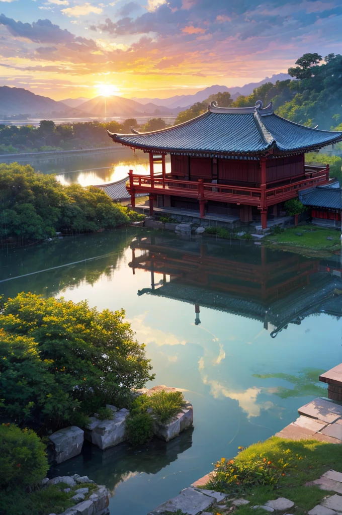 SFW, , Focus only, View, Very wide-angle lens, landscape, East Asian Architecture, Sunlight, sunrise, floating, cloud, Sky, rain, water, whole body, outdoor, landscape, Depth of Field