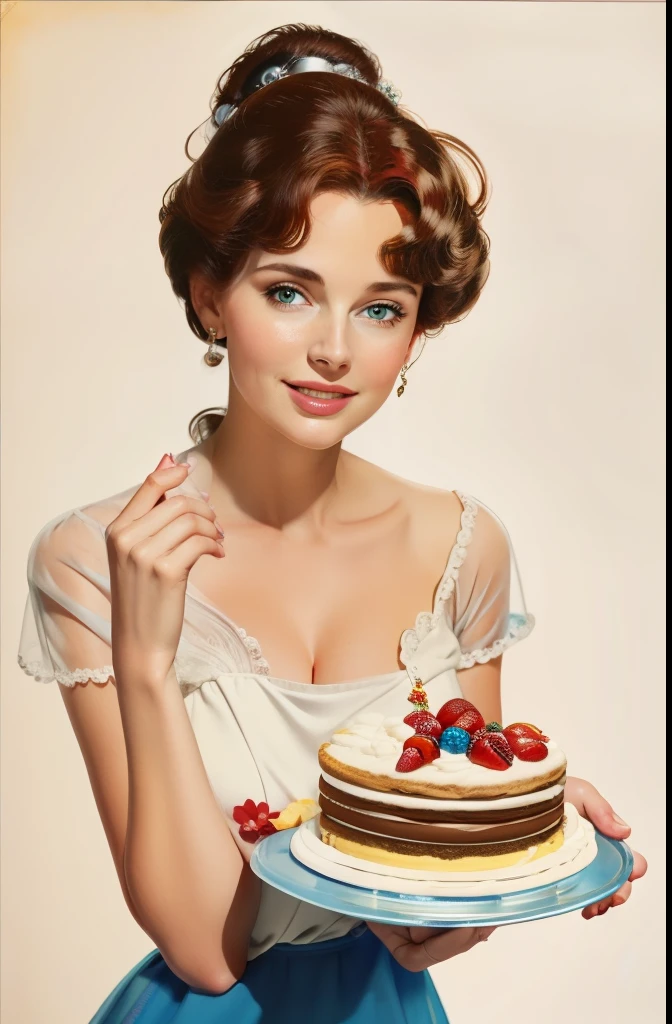 masterpiece, best quality, Woman holding a whole cake, 8k, White background，Solid color background，Woman holding cake, 8k, (Clear focus,  Very detailed) Warren Tufts, Retro