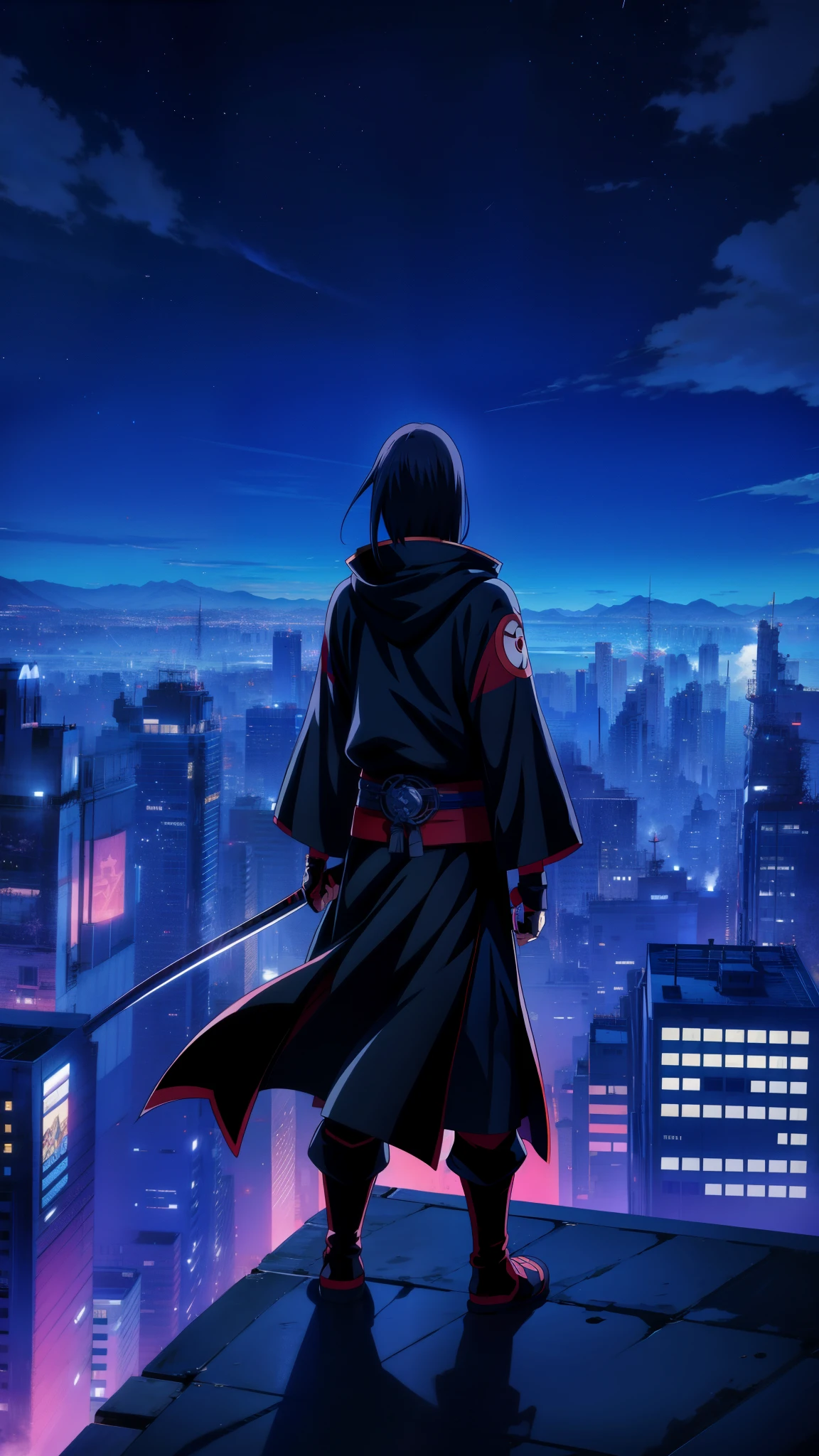 a person standing on top of a building with a sword, itachi, itachi uchiha, top 25 fantasy anime series, hd anime wallpaper, anime hd wallpaper, ultra hd anime wallpaper, anime”, samurai jedi, portrait of ninja slayer, aragorn in an anime world, holding a black katana, anime key visual”, anime hd, anime background, 4k professional painting, game, detailed key anime art, illustation, a beautiful artwork illustration, beautiful digital painting, highly detailed digital painting, beautiful digital artwork, detailed painting 4 k, very detailed digital painting, rich picturesque colors, gorgeous digital painting