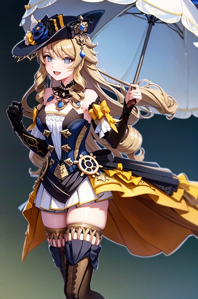 navia_gi, looking at viewer, smile, open mouth, skirt, thighhighs, gloves, hat, dress, holding, bare shoulders, standing, :d, outdoors, detached sleeves, sky, day, cloud, blue sky, umbrella, garter straps, drill hair, brown gloves, water drop, holding umbrella, brown headwear, rainbow