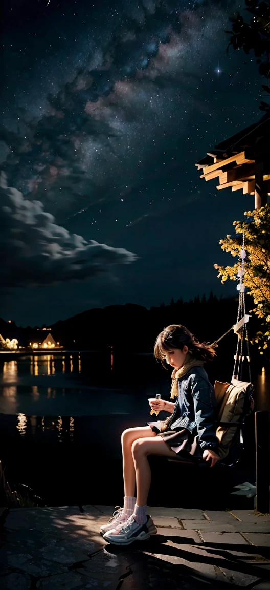 best quality, very good, 16k, Ridiculous, Extremely detailed, The tiny girl sits on the swing in the corner of the picture,Far right, Staring into the distance,coat,Short skirt, Bare legs,White socks,thin,thin legs,Attractive appearance, wind, wind-effect, Autumn Night,village,Moon night scene, Milky Way,Starry Sky,splendid,(Magnificent views:1.1) ,night landscape,the whole night sky,spectacular