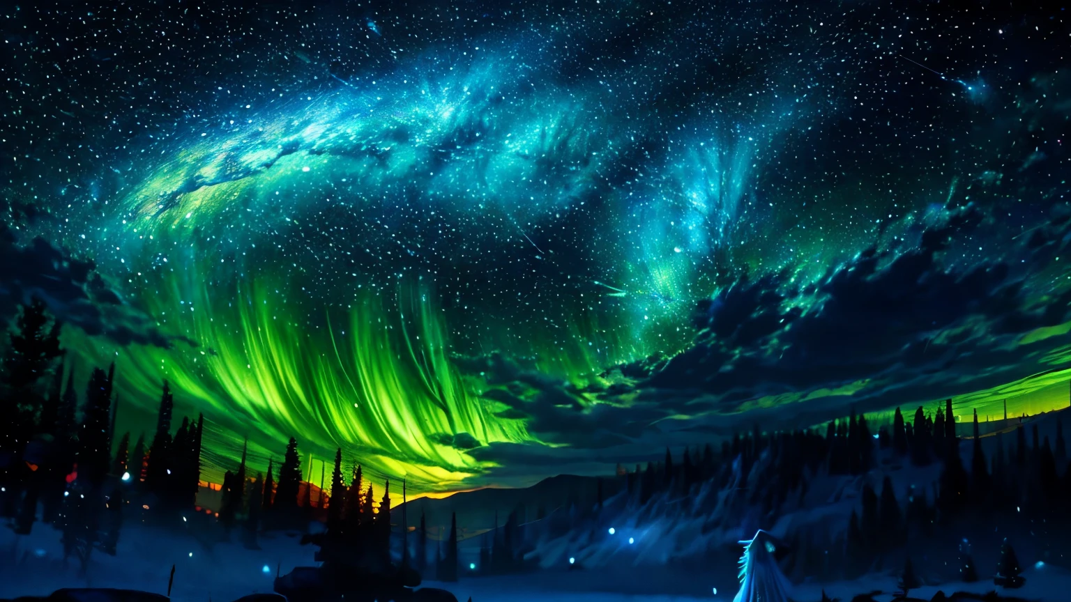 listening to music on headphones、Describe a scene where a wizard girl character dressed in a cute magical outfit is lying on a grassy hill., Look up at the starry sky. Colorful nebula and aurora、Surround her with her favorite constellations. Calm mood, Subtle details, Vibrant colors.