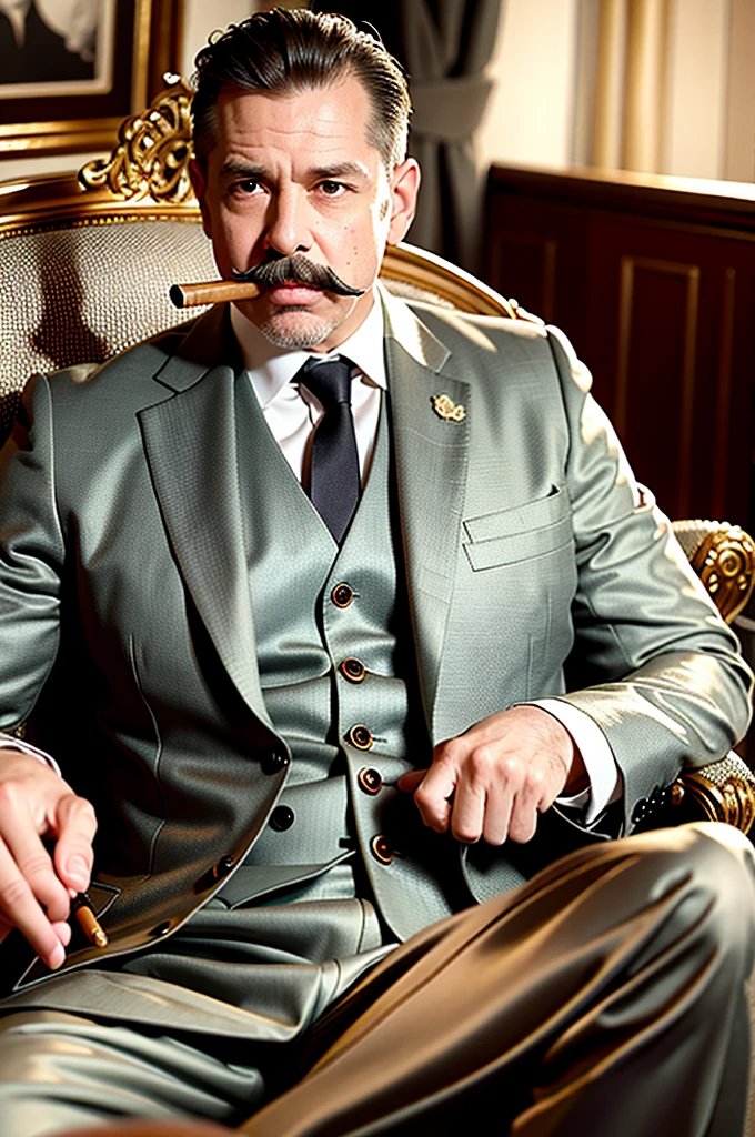 (best quality,4k,8k,highres,masterpiece:1.2),ultra-detailed,(realistic,photorealistic,photo-realistic:1.37),portrait,professional,studio lighting,(vivid colors:1.1),sharp focus,(oil painting:1.1),(man,gentleman:1.1) with (thick mustache, well-groomed mustache:1.2) and a (subtle smile, slight smile:1.1), holding a (cigar, cigarate, lit cigar:1.2) in his hand, (refined suit, elegant suit, tailored suit:1.1) with a (matching tie:1.1), sitting in a (luxurious armchair, comfortable armchair) in a (richly decorated room:1.1). The room is filled with (warm, golden:1.1) light, highlighting the (subtle details of the man's face:1.2), capturing the (smoke, aroma:1.1) from the (cigar:1.1). The background features (ornate, antique:1.1) furniture, (delicate patterns:1.1), and (luxurious fabrics:1.1), creating an atmosphere of (elegance, sophistication:1.1) and (timeless style:1.1).
