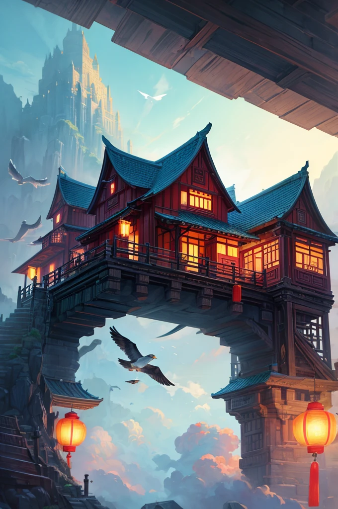 color (fantasy: 1.2), (Traditional Chinese style), (Irregular red buildings floating in the clouds), Patchwork cottage, Floral Decoration, lamp, Concept art inspired by Andreas Rocha, Art Station Competition Winners, fantasy art, (Castle in the Sky), Ross Chen, beam, Realistic lighting, masterpiece, high quality, Beautiful graphics, High Detail, masterpiece, high quality, Beautiful graphics, High Detail, , (Seabirds flying in the sky)