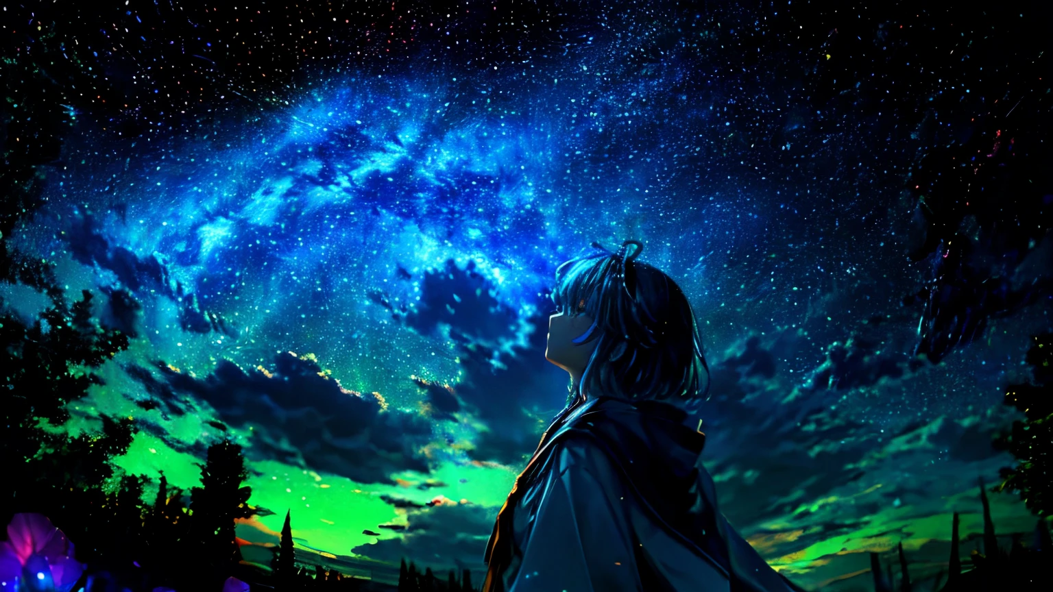 listening to music on headphones、Describe a scene where a wizard girl character dressed in a cute magical outfit is lying on a grassy hill., Look up at the starry sky. Colorful nebula and aurora、Surround her with her favorite constellations. Calm mood, Subtle details, Vibrant colors.