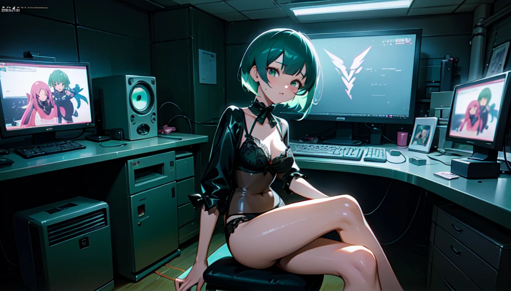 (perfect composition), (high resolution, masterpiece, ultra best quality, insanely amazing hyper fine extremely detailed, official:1.4) full body, 80's horny milf hacker anime girl in lingerie sitting at a desk with a vintage computer, seductive hacker anime girl in lingerie, retro cyberpunk anime, 80's cyberpunk anime girl in lingerie, digital cyberpunk anime!!, best anime 4k konachan wallpaper, (anime girl with green teal short hair), 90's anime style in 4 k, low-poly, low poly, n64-lowpoly style, mega man legend art ,black latex lingerie, black lace lingerie, 80's, multiple old computer , serial experiments lain room, high degree electronic laboratory, lots of old computer hardware, surrounded by old computer screen, a lots of cable wires, octane rendering, colorful contrast, unadorned, dark computer room, night, betterHands