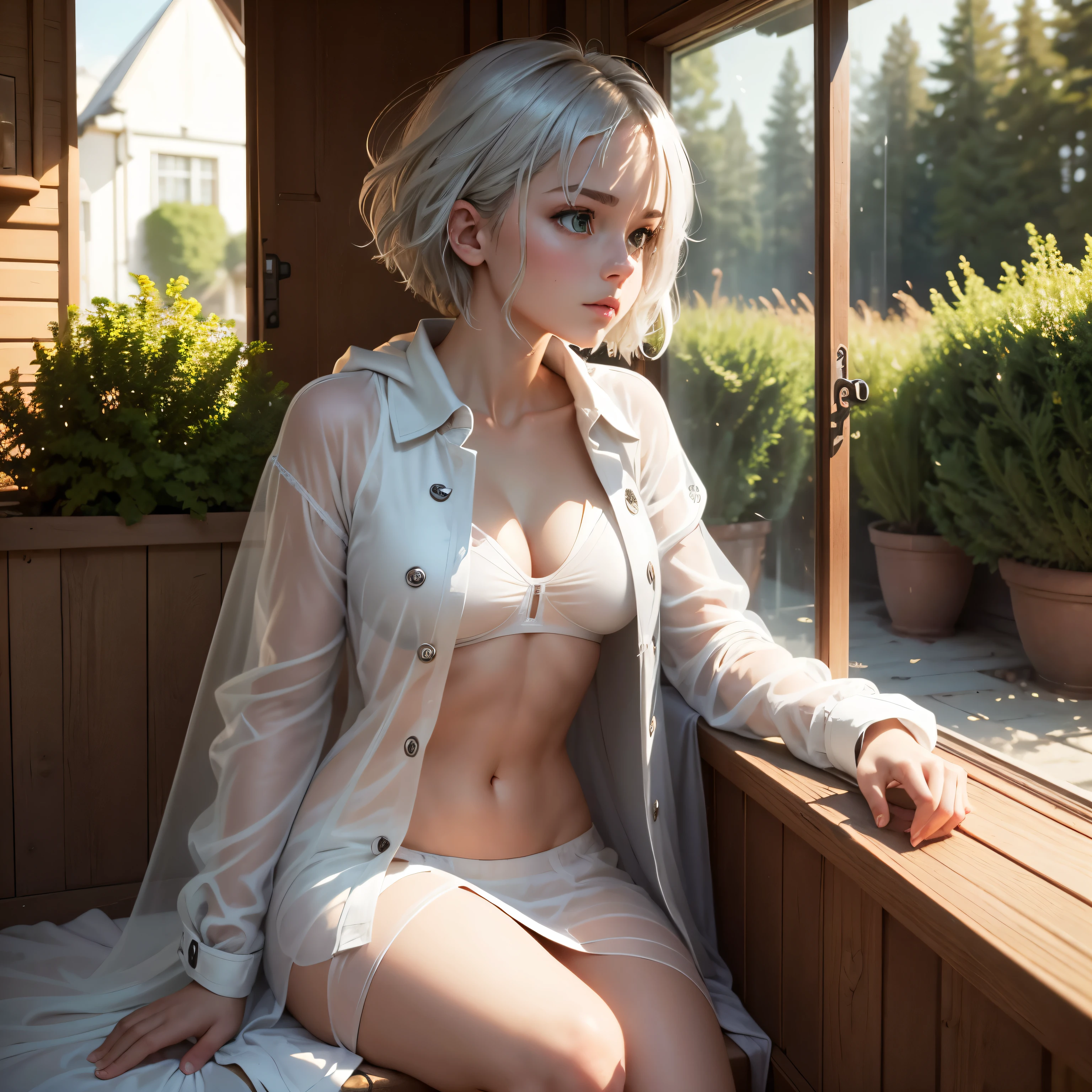 masterpiece, highest quality,Very detailed,Hyper Details, cinematic Light,, One underwear girl, alone, sit, Outdoor, Summer House, sitting in the Summer House, plant, table, chandelier, Candles, Wind, Green Eyes, Pan Green Silver Hair, short hair, Floating Hair, Light, Light frown, profile,View your viewers, dynamic_angle,The see-through happi coat is unbuttoned,nude,On the bed