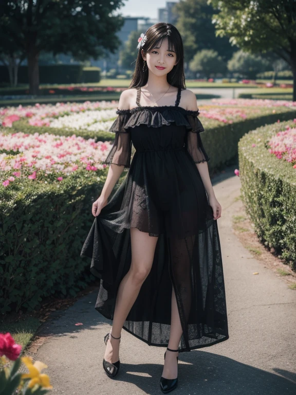 (ultra realistic) , (illustration), (increase resolution), (8K), (extremely detailed), (best illustration), (beautiful detailed eyes), (best quality), (ultra-detailed), (masterpiece), (wallpaper), (detailed face), solo,1 girl, looking at viewers, black straight hair, delicate details, in the dark, deep shadow, low key, pureerosfaceace_v1, happy smile, summer dress, full body, flower garden