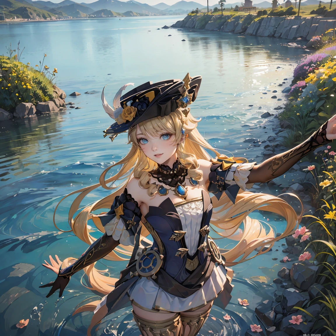(realistic painting style,masterpiece:1.2,girl on the painting,best quality,influenced by Genshin,water body in the background,sea in the background,smile,long hair,hat,flowers