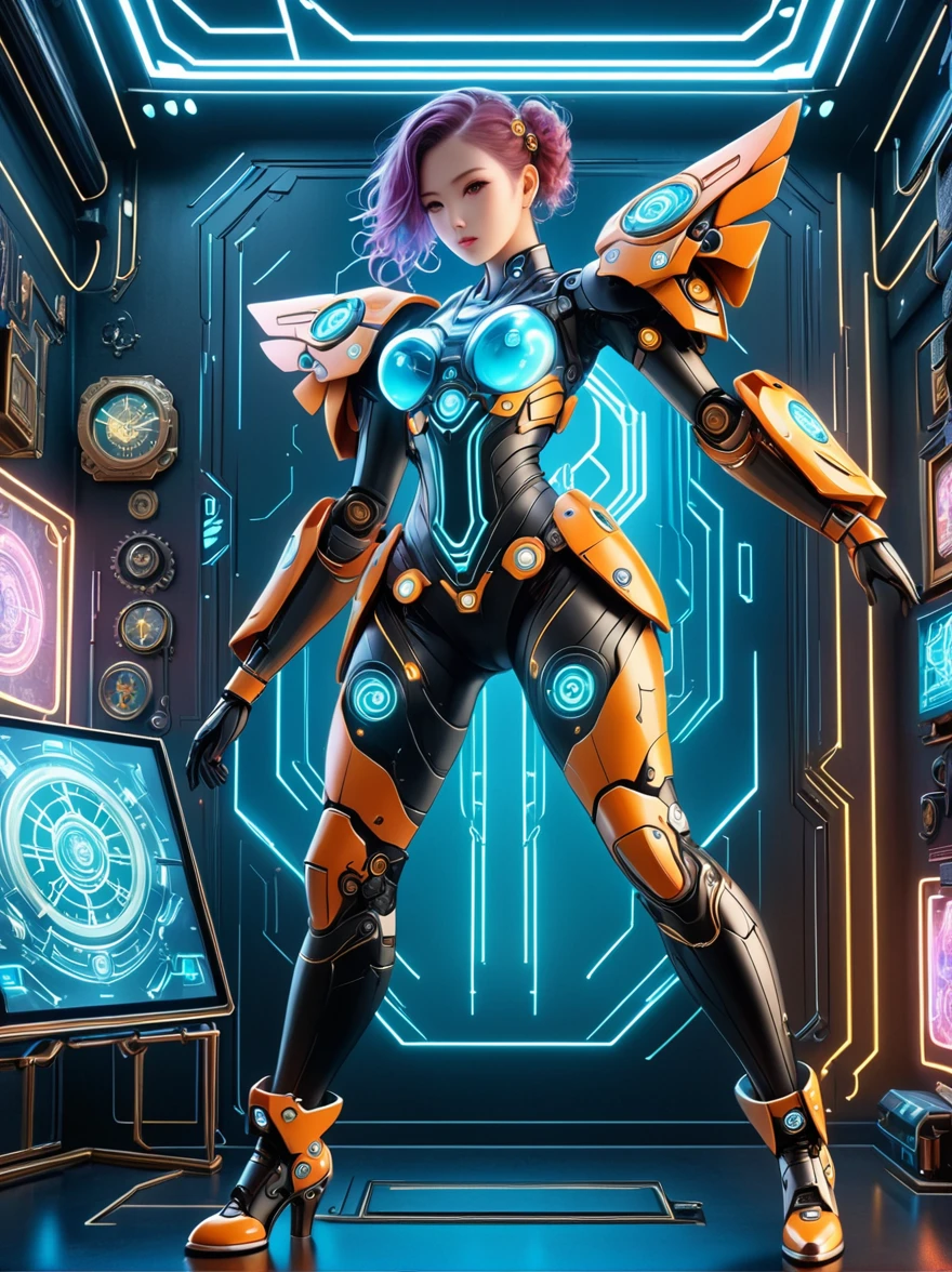 Beautiful female mecha, Translucent mech, Iridescent neon color wiring diagram and LEDs all over face and body, Photo frames and backgrounds mixed and fused with steampunk, Cyberpunk and Clockpunk, Background Analysis Room, (Full body shot), (Mechanical shoes:1.2), (Black laser stockings), Super Fine, Unbelievably ridiculous, Extremely detailed, Delicate and dynamic, Surrealism, rococo style, Cubist Futurism, Futurism, first-person view, pov, (anatomically correct), best quality, 8k, UHD, masterpiece, ccurate, textured skin, super detail, award winning, best quality