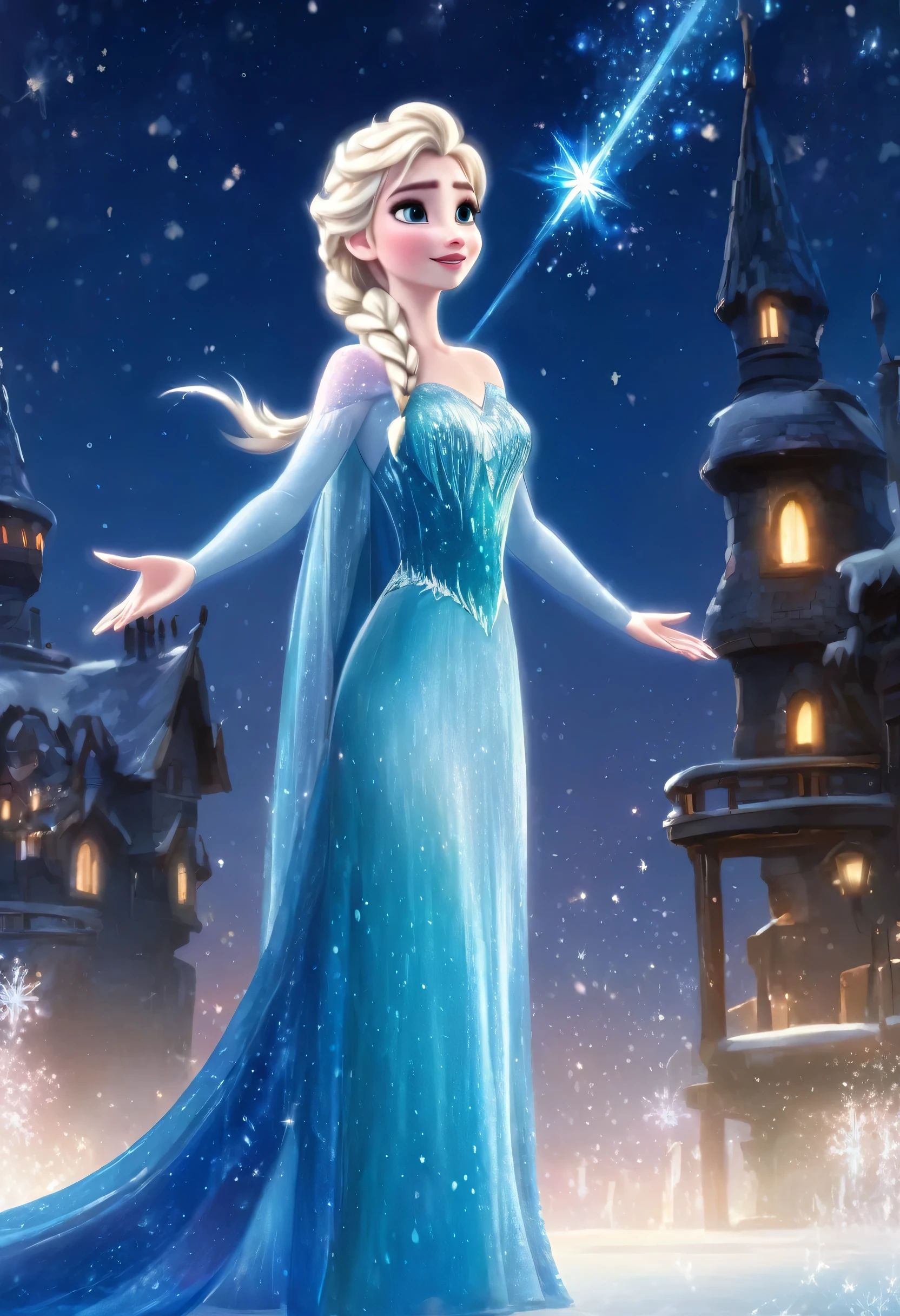 Frozen Elsa, Ice Castle, Shining starry night sky, Elsa looks up to the sky, whole body、High definition、fantastic