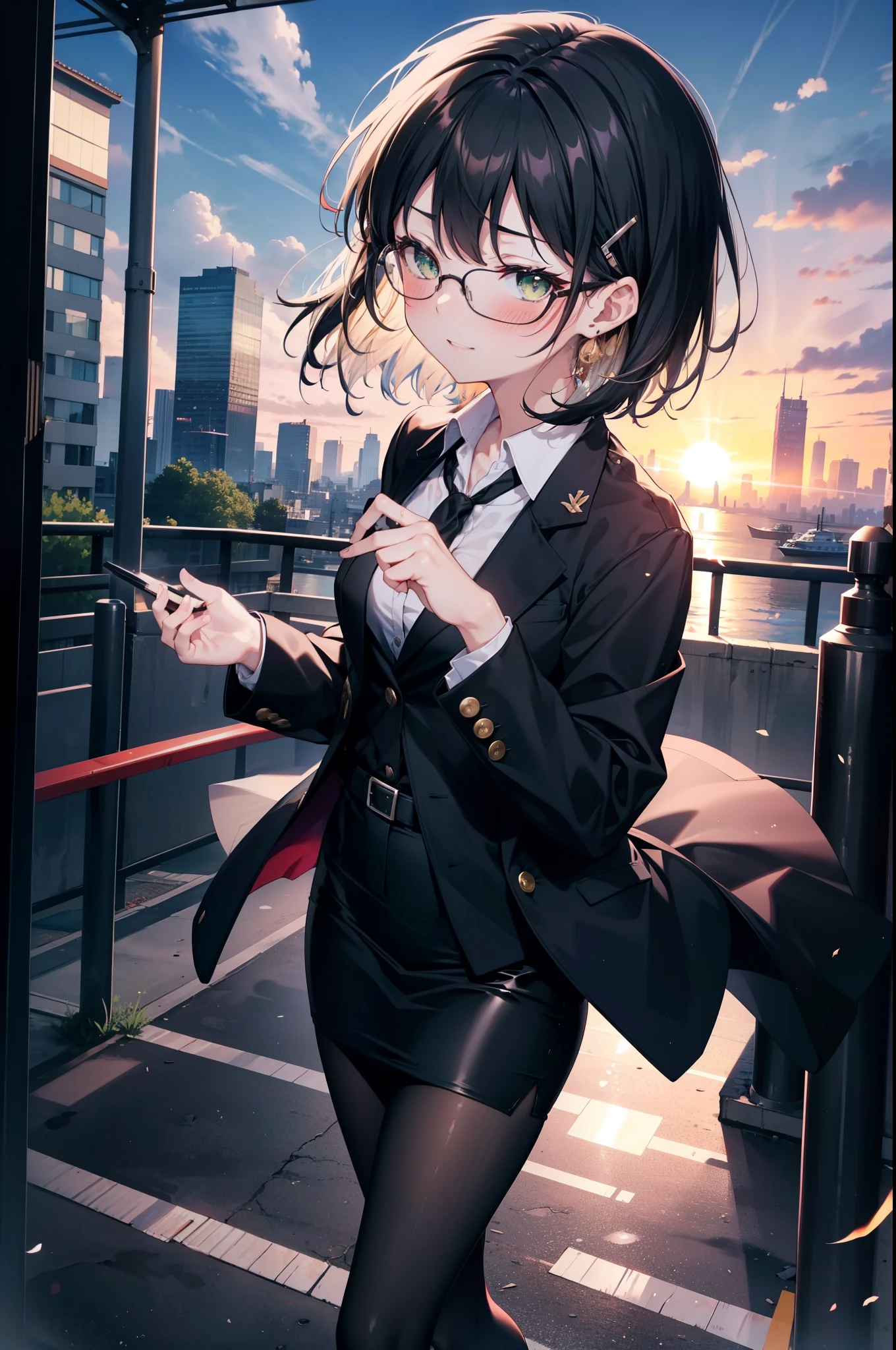 Suguhakirigaya, Suguhakirigaya, (Green Eyes:1.2), hair ornaments, Hair Clip, short hair, Black Hair,smile,blush,happy smile, smile, Open your mouth,OL, Akagi Glasses, Black suit jacket, Collared jacket, White dress shirt, Collared shirt, Neckline, button, Black pencil skirt, Black pantyhose,Stiletto heels,Sunset,evening,The sun is setting,walking,whole bodyがイラストに入るように,
break outdoors, city,construction area,crowd, people々々々,
break looking at viewer, whole body, 
break (masterpiece:1.2), highest quality, High resolution, unity 8k wallpaper, (shape:0.8), (Beautiful details:1.6), Highly detailed face, Perfect lighting, Highly detailed CG, (Perfect hands, Perfect Anatomy),