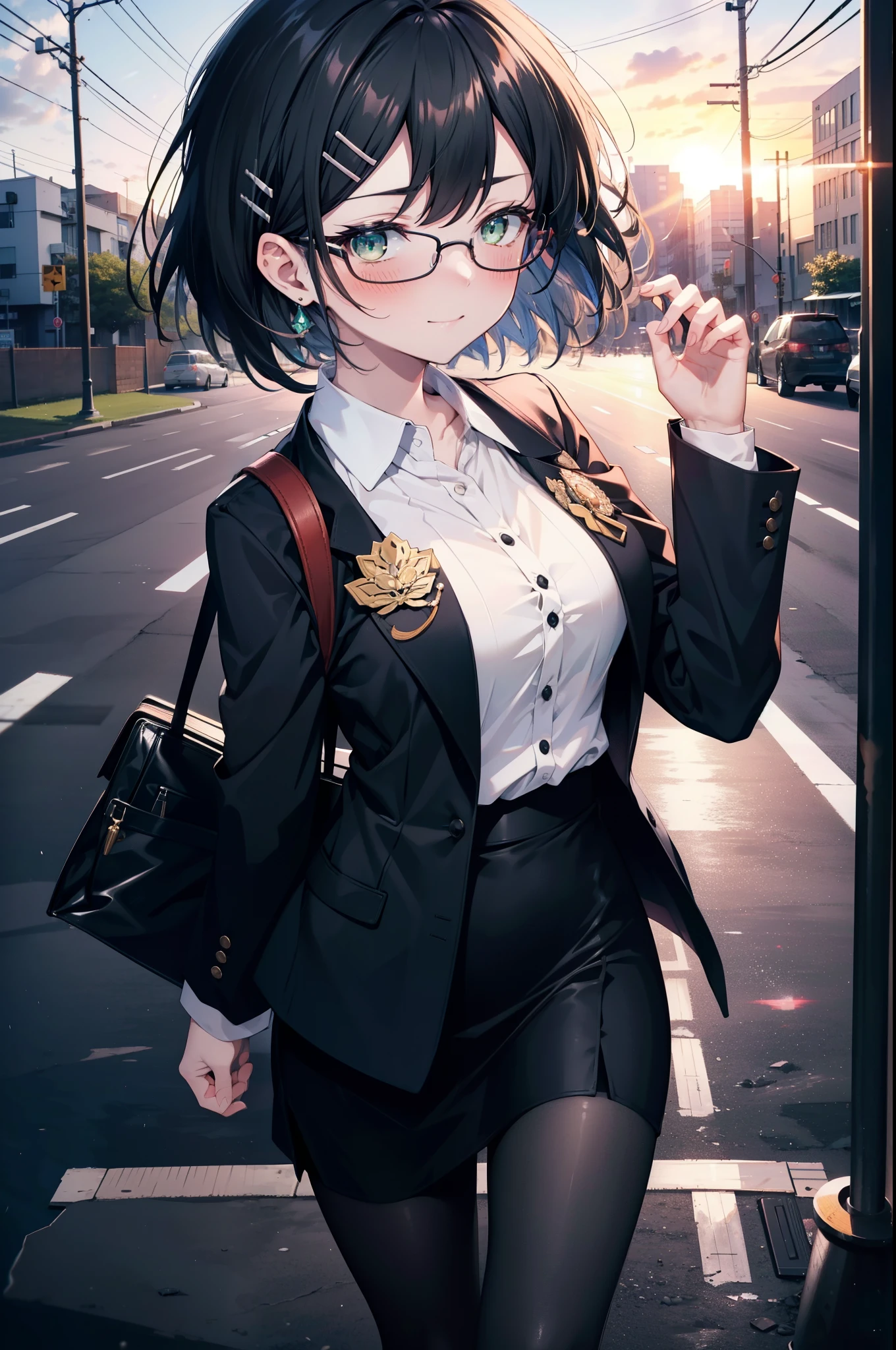 Suguhakirigaya, Suguhakirigaya, (Green Eyes:1.2), hair ornaments, Hair Clip, short hair, Black Hair,smile,blush,happy smile, smile, Open your mouth,OL, Akagi Glasses, Black suit jacket, Collared jacket, White dress shirt, Collared shirt, Neckline, button, Black pencil skirt, Black pantyhose,Stiletto heels,Sunset,evening,The sun is setting,walking,whole bodyがイラストに入るように,
break outdoors, city,construction area,crowd, people々々々,
break looking at viewer, whole body,
break (masterpiece:1.2), highest quality, High resolution, unity 8k wallpaper, (shape:0.8), (Beautiful details:1.6), Highly detailed face, Perfect lighting, Highly detailed CG, (Perfect hands, Perfect Anatomy),