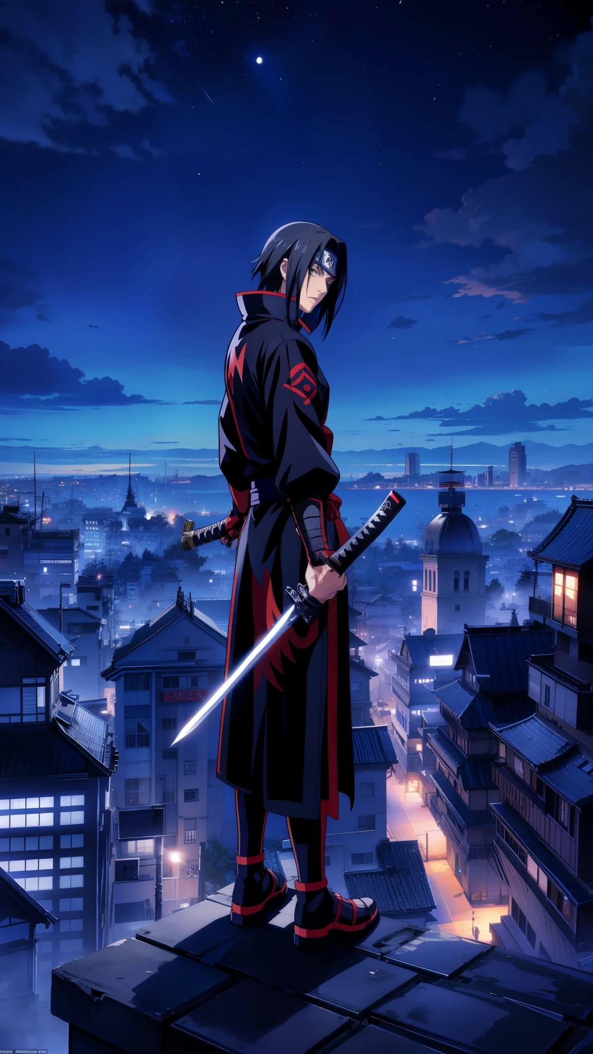 a person standing on top of a building with a sword, itachi, itachi uchiha, top 25 fantasy anime series, hd anime wallpaper, anime hd wallpaper, ultra hd anime wallpaper, anime”, samurai jedi, portrait of ninja slayer, aragorn in an anime world, holding a black katana, anime key visual”, anime hd, anime background, 4k professional painting, game, detailed key anime art, illustation, a beautiful artwork illustration, beautiful digital painting, highly detailed digital painting, beautiful digital artwork, detailed painting 4 k, very detailed digital painting, rich picturesque colors, gorgeous digital painting