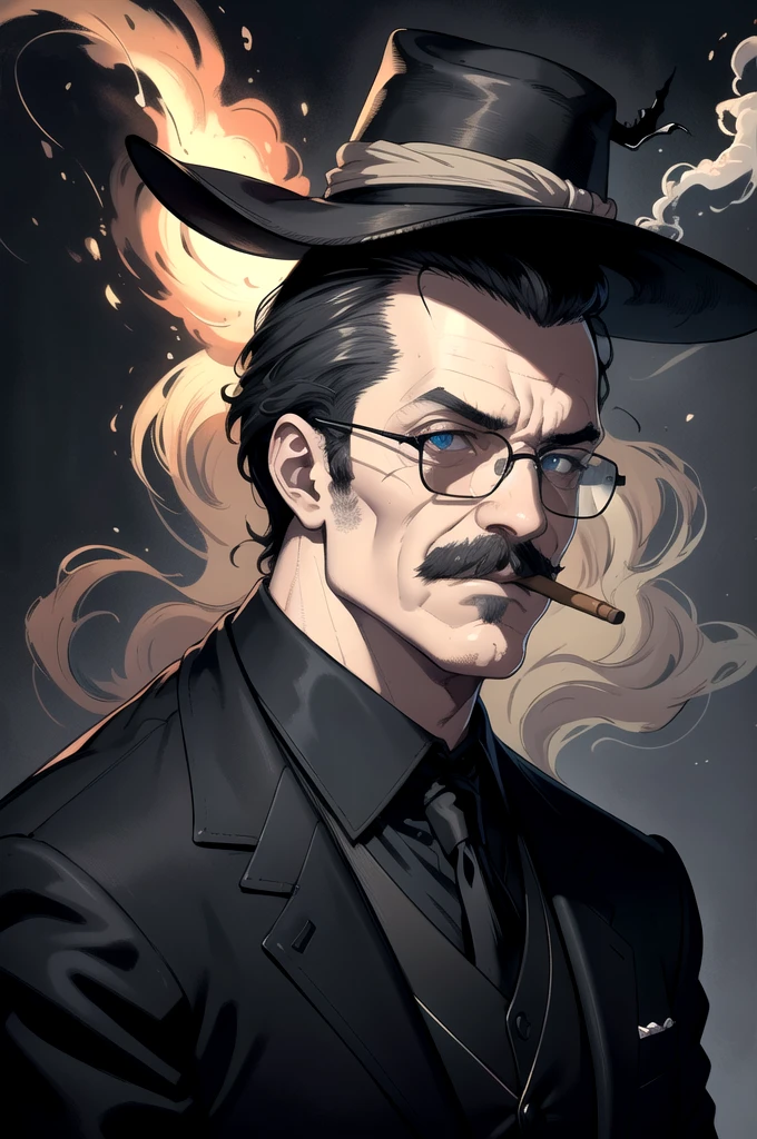 (best quality,4k,8k,highres,masterpiece:1.2),realistic,portrait,vivid colors,mysterious lighting,medium:charcoal sketch,man with mustache,cigarate,mafia,black glasses,sharp focus,stern expression,dark background,confident stance,casual suit,smoke rising from cigar,sharp features,faint smile,stylish hat,subtle shadows,lining details,intense gaze,oil painting texture,mysterious atmosphere