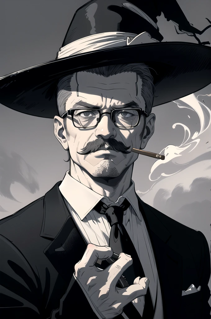 (best quality,4k,8k,highres,masterpiece:1.2),realistic,portrait,vivid colors,mysterious lighting,medium:charcoal sketch,man with mustache,cigarate,mafia,black glasses,sharp focus,stern expression,dark background,confident stance,casual suit,smoke rising from cigar,sharp features,faint smile,stylish hat,subtle shadows,lining details,intense gaze,oil painting texture,mysterious atmosphere