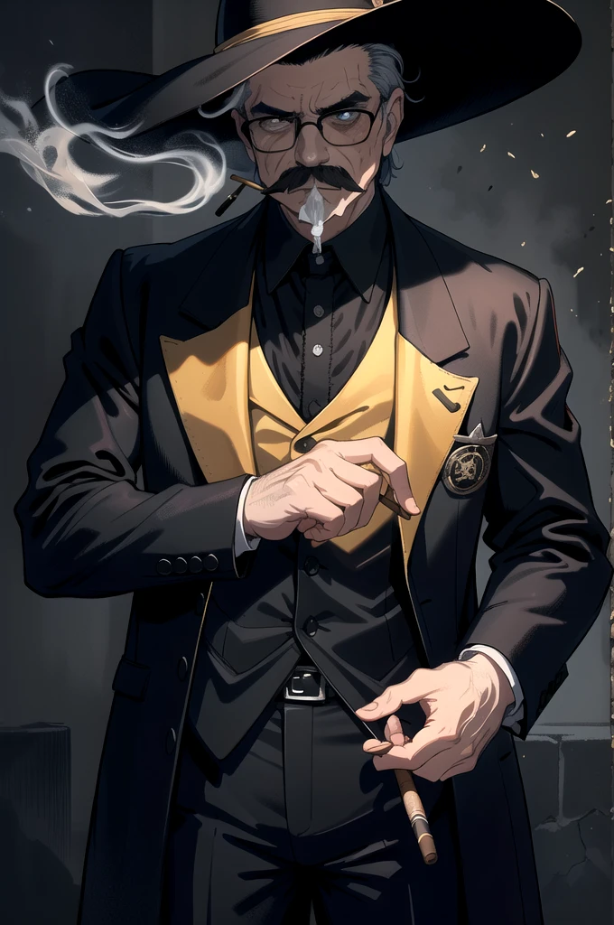 (best quality,4k,8k,highres,masterpiece:1.2),realistic,portrait,vivid colors,mysterious lighting,medium:charcoal sketch,man with mustache,cigarate,mafia,black glasses,sharp focus,stern expression,dark background,confident stance,casual suit,smoke rising from cigar,sharp features,faint smile,stylish hat,subtle shadows,lining details,intense gaze,oil painting texture,mysterious atmosphere