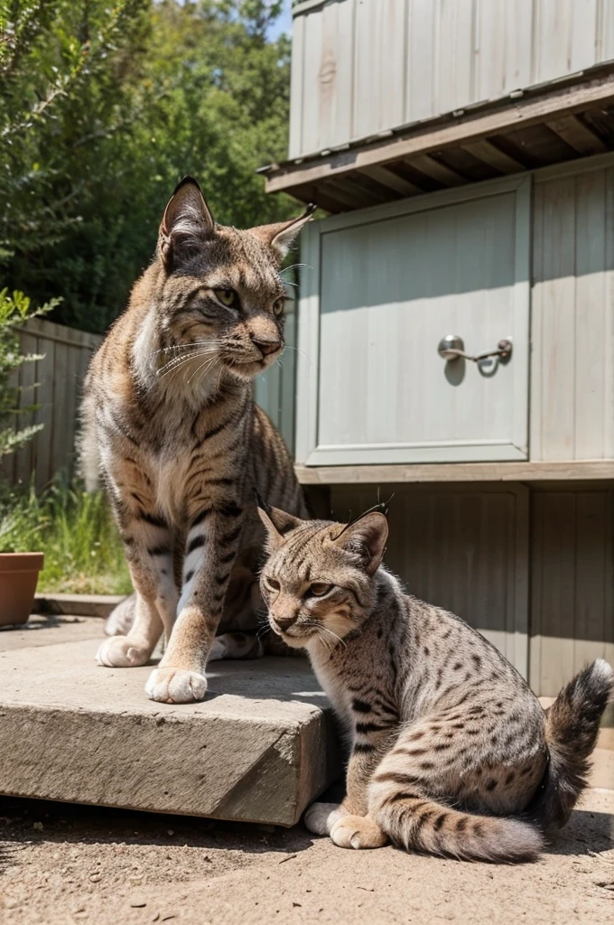 A cat and a lynx togheter at backyard.