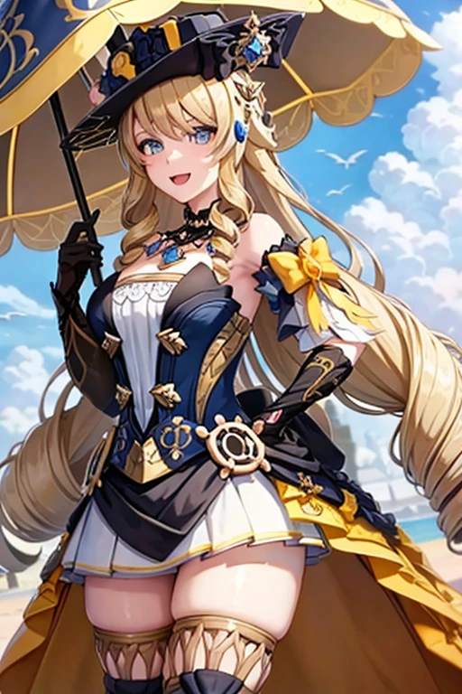 navia_gi, looking at viewer, smile, open mouth, skirt, thighhighs, gloves, hat, dress, holding, bare shoulders, standing, :d, outdoors, detached sleeves, sky, day, cloud, blue sky, umbrella, garter straps, drill hair, brown gloves, water drop, holding umbrella, brown headwear, rainbow