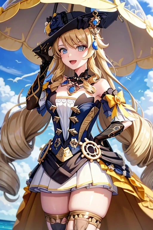 navia_gi, looking at viewer, smile, open mouth, skirt, thighhighs, gloves, hat, dress, holding, bare shoulders, standing, :d, outdoors, detached sleeves, sky, day, cloud, blue sky, umbrella, garter straps, drill hair, brown gloves, water drop, holding umbrella, brown headwear, rainbow
