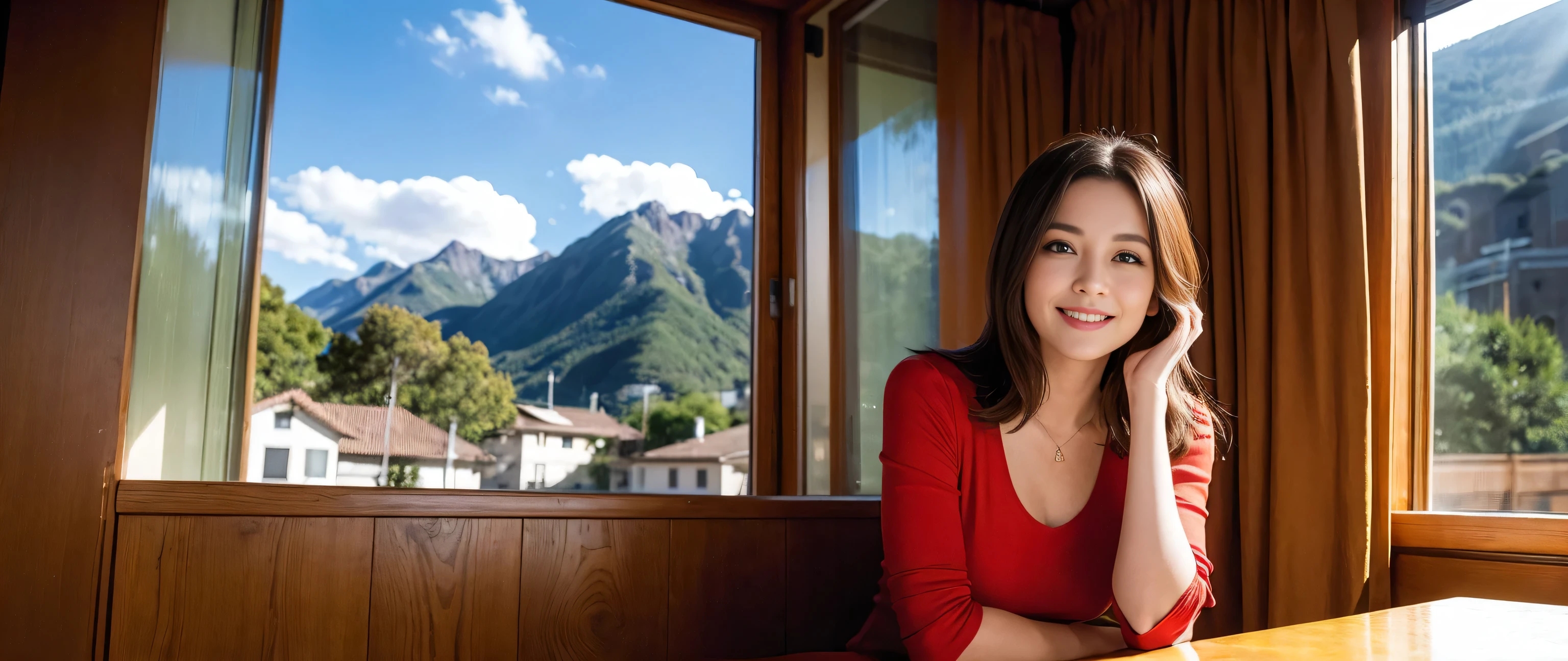 ((highest quality、8k、masterpiece:1.3))、Sharp focus:1.2、Beautiful woman perfect body:1.4、Slim body、((Bob Hale、Straight hair:1.2))、(to be born, highest quality, masterpiece:1.5), (Realistic, Intricate details:1.2), Ultra-high resolution, Shine light on your face、Amazing view of the sunset sky and clouds、Amazing mountain views、A bright smile、A lovely woman with a smile、Bright image、2. The beauty of wine, Beautiful Face, blue eyes, The light shines on your face, Blushing, short hair,Bright Face、Fox face、 (46 years old), 39 years old, Lady、red wine 、Appetizers、Italian food、Wine bottle、Champagne、sparkling wine、Two beauties、Brown Hair、Shortcuts、Long sleeve shirt、dress、Pretty Woman 1, (Slim face), (The body is slim), (Brown Hair), (Shortcuts), cheeks turn a little red,Attractive beauty、, Out of the window, A beautiful and detailed night view unfolds.........., restaurant, In a prominent place (From the waist up) Nova Frog Style, actress, model, Upper Body, White wine, slim, wine glass, A wine glass placed in the middle, smile, (smile: 1.15), Beautiful fine grain, Depth f/2,saturation, High Contrast, Strong light and shadow,Moist Body:1.5、3D texture、Delicate eyes、Brown Hair、The hair is very shiny、
