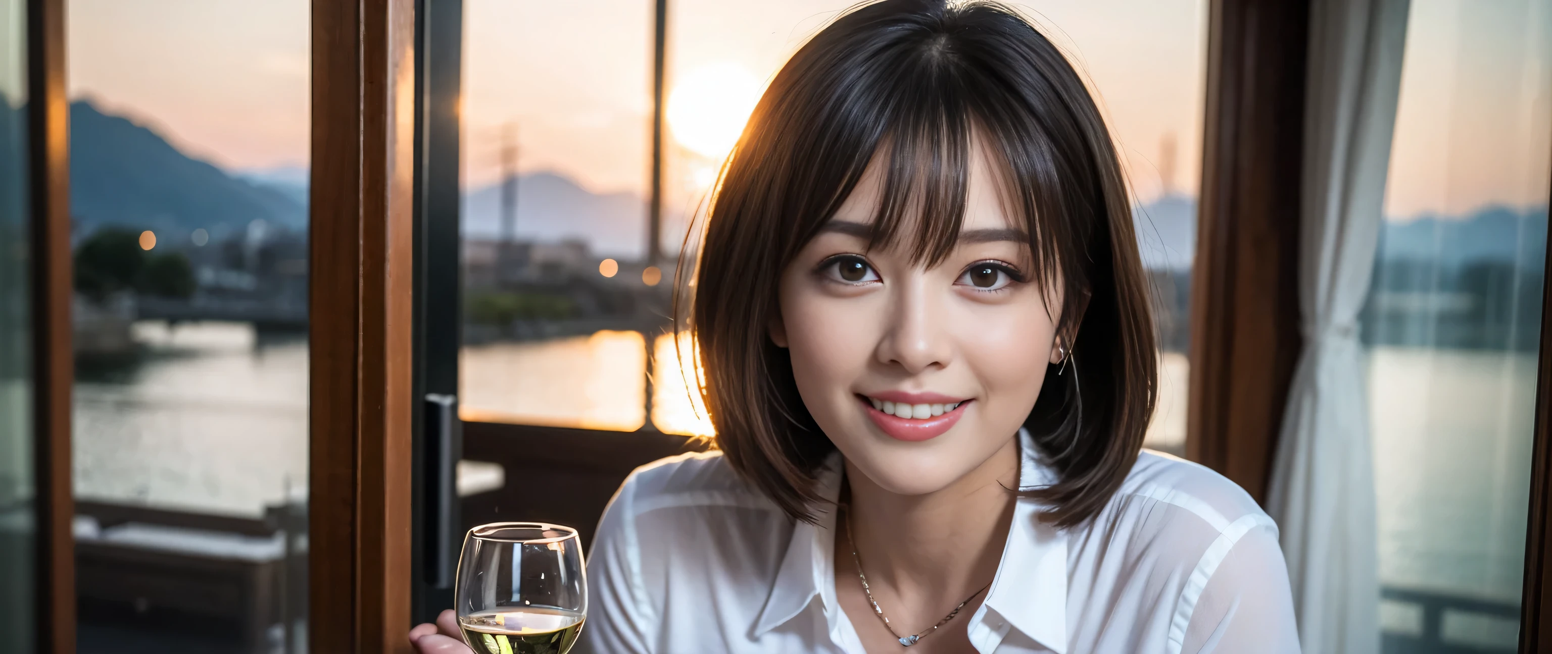 ((Highest quality、8K、masterpiece:1.3))、1 male、1 female、Couple、spouse、Couple、The body is slim、((Bob Hale、Straight hair:1.2)), (Realistic, Intricate details:1.2), テーブルの上のwine glass、Put the light on your face、 Amazing view of the sunset sky and clouds、Amazing mountain views、A bright smile、The wonderfulness of smile、Bright image、The beauty of wine, Beautiful Face, blue eyes, The light shines on your face, Blushing, short hair,Bright Face、 (Age 37), 39 years old, red wine 、Appetizers、Italian food、Wine bottle、Champagne、sparkling wine、Two beauties、Brown Hair、Shortcuts、Long sleeve shirt、dress、Beautiful woman 1, (slimな顔), (The body is slim), (Brown Hair), (Shortcuts), cheeks turn a little red,Attractive beauty、restaurant, In a prominent place (From the waist up) Nova Frog Style, actress, model, Upper Body, White wine, slim, wine glass, 中央に置かれたwine glass, smile, (smile: 1.15), Beautiful fine grain, Depth f/2,saturation, High Contrast, Strong light and shadow,Moist Body:1.5、3D texture、Delicate eyes、Brown Hair、The hair is very shiny、