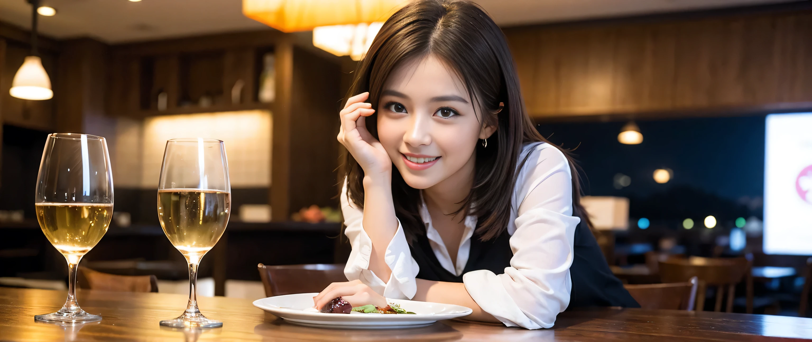 ((highest quality、8k、masterpiece:1.3))、Sharp focus:1.2、Beautiful woman perfect body:1.4、Slim body、((Bob Hale、Straight hair:1.2))、(to be born, highest quality, masterpiece:1.5), (Realistic, Intricate details:1.2), Ultra-high resolution, Shine light on your face、Amazing view of the sunset sky and clouds、Amazing mountain views、A bright smile、A lovely woman with a smile、Bright image、2. The beauty of wine, Beautiful Face, blue eyes, The light shines on your face, Blushing, short hair,Bright Face、Fox face、 (46 years old), 39 years old, Lady、red wine 、Appetizers、Italian food、Wine bottle、Champagne、sparkling wine、Two beauties、Brown Hair、Shortcuts、Long sleeve shirt、dress、Pretty Woman 1, (Slim face), (The body is slim), (Brown Hair), (Shortcuts), cheeks turn a little red,Attractive beauty、, Out of the window, A beautiful and detailed night view unfolds.........., restaurant, In a prominent place (From the waist up) Nova Frog Style, actress, model, Upper Body, White wine, slim, wine glass, A wine glass placed in the middle, smile, (smile: 1.15), Beautiful fine grain, Depth f/2,saturation, High Contrast, Strong light and shadow,Moist Body:1.5、3D texture、Delicate eyes、Brown Hair、The hair is very shiny、
