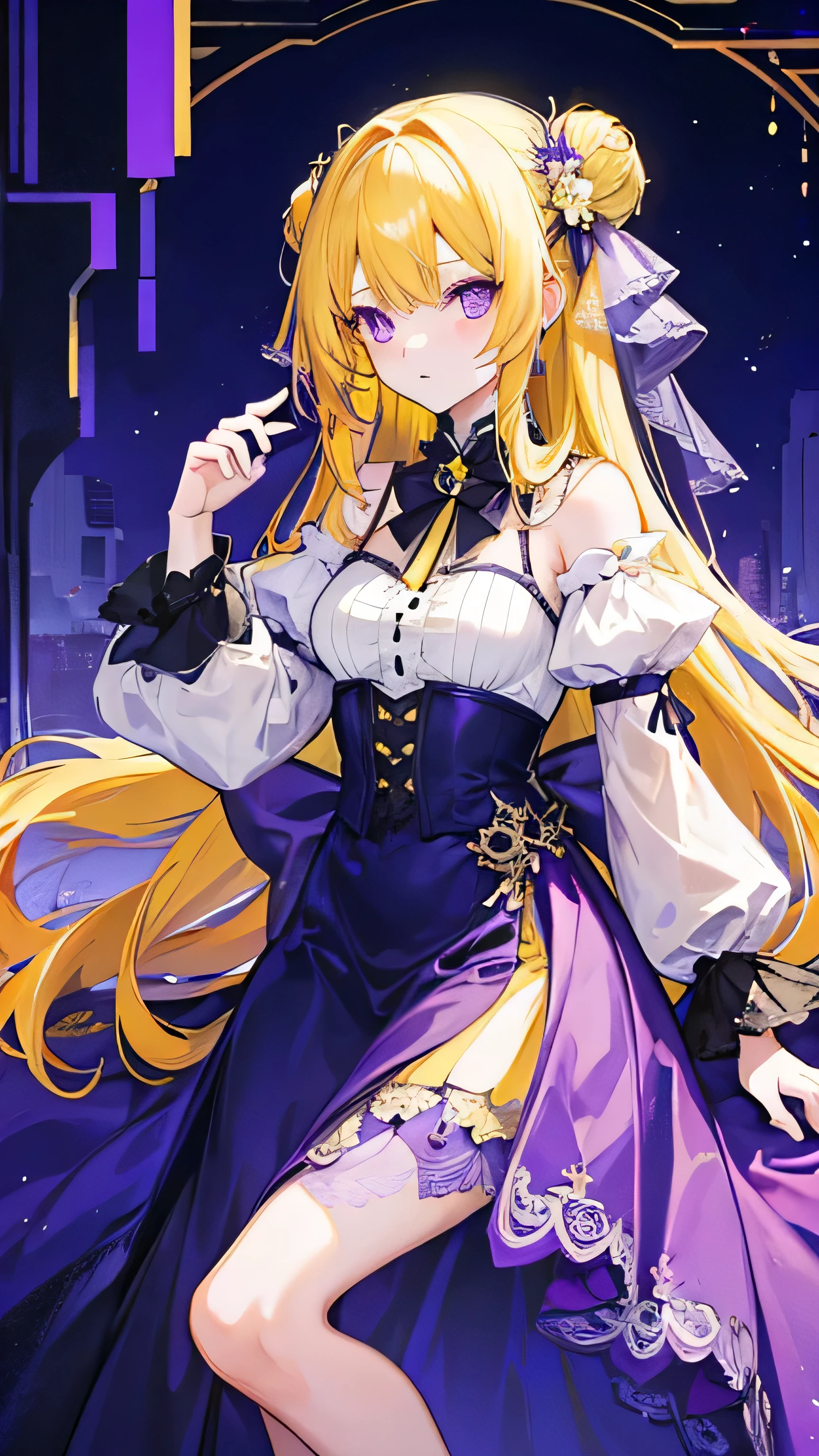 a girl with long yellow hair, purple eyes, and wear a nice gown.