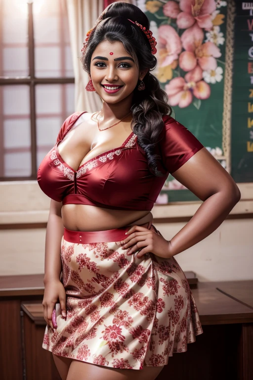 20yo in school school photo in school masterpiece, (photorealistic:1.4), best quality, beautiful lighting,Eleanor indian Woman 30yo Old ,Big Breasts Plus Size Model lipstick Bun lHair Bun Hair Hair Lifts Skirt Up Raised Skirt, wearing Sexy red Floral Print Satin Slip Nightdress.