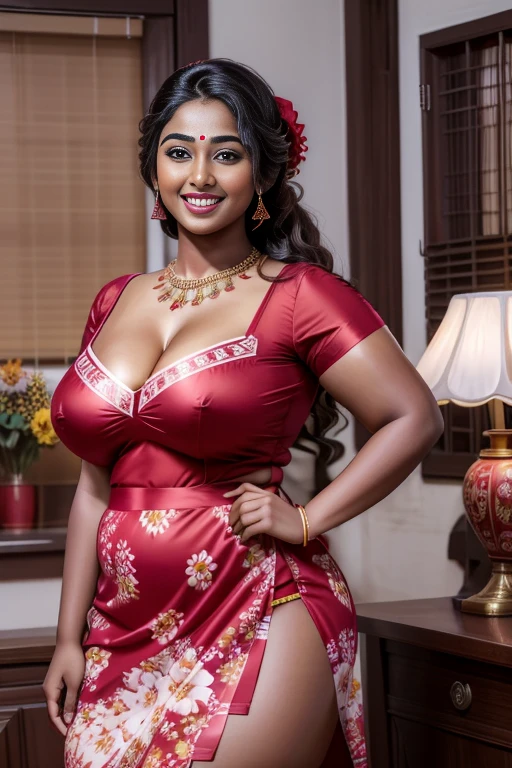 20yo  in school school photo in school masterpiece, (photorealistic:1.4), best quality, beautiful lighting,Eleanor indian Woman 30yo Old ,Big Breasts Plus Size Model lipstick Bun lHair Bun Hair Hair Lifts Skirt Up Raised Skirt, wearing Sexy red Floral Print Satin Slip Nightdress. 