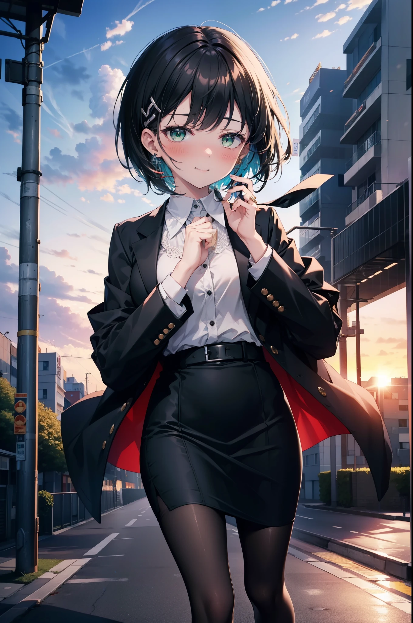 Suguhakirigaya, Suguhakirigaya, (Green Eyes:1.2), hair ornaments, Hair Clip, short hair, Black Hair,smile,blush,happy smile, smile, Open your mouth,OL, Black suit jacket, Collared jacket, White dress shirt, Collared shirt, Neckline, button, Black pencil skirt, Black pantyhose,Stiletto heels,Sunset,evening,The sun is setting,walking,whole bodyがイラストに入るように,
break outdoors, city,construction area,crowd, people々々々,
break looking at viewer, whole body, 
break (masterpiece:1.2), highest quality, High resolution, unity 8k wallpaper, (shape:0.8), (Beautiful details:1.6), Highly detailed face, Perfect lighting, Highly detailed CG, (Perfect hands, Perfect Anatomy),