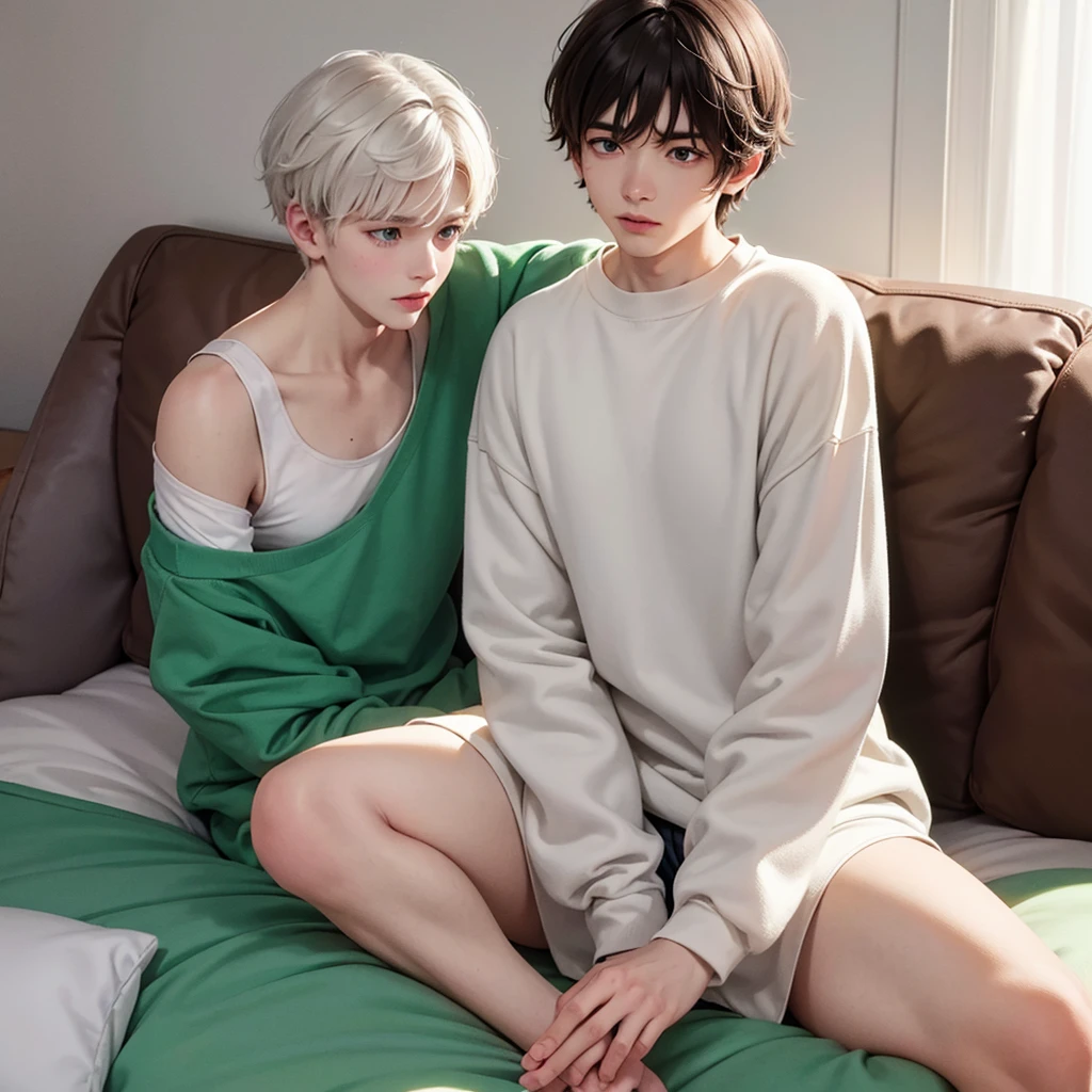 Soft boy with twenty years old,white shortcut hair,green sleepy eyes ,soft smile,sweatshirt