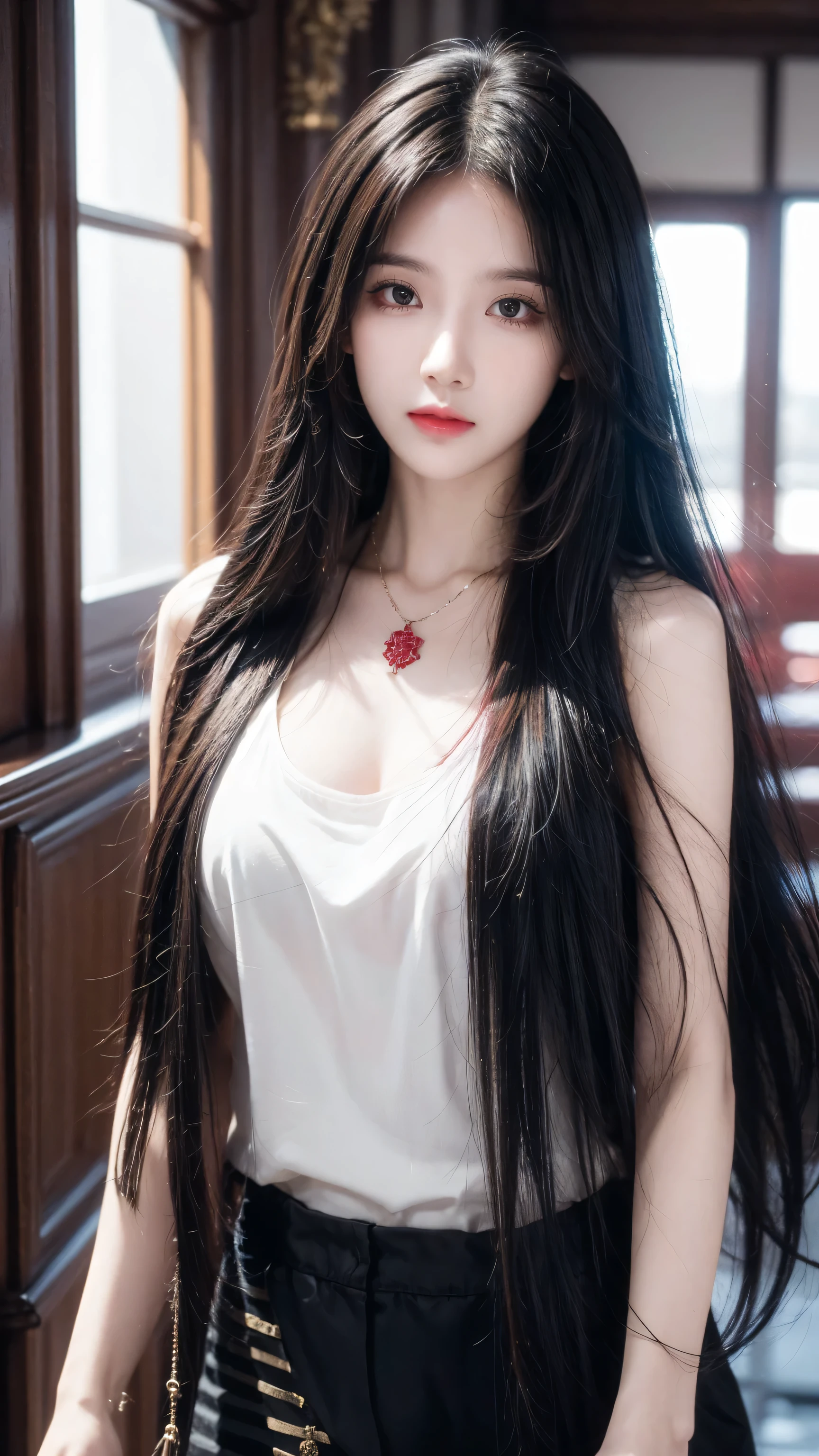 best quality, Intricate details, Chromatic Aberration, 1 Girl, Long hair, Black Hair, Messy hair, Red highlights, Hair covering one eye, Red Eyes, Sharp eyes, Necklace,, , armband, Put your hands behind your back, Arm,  