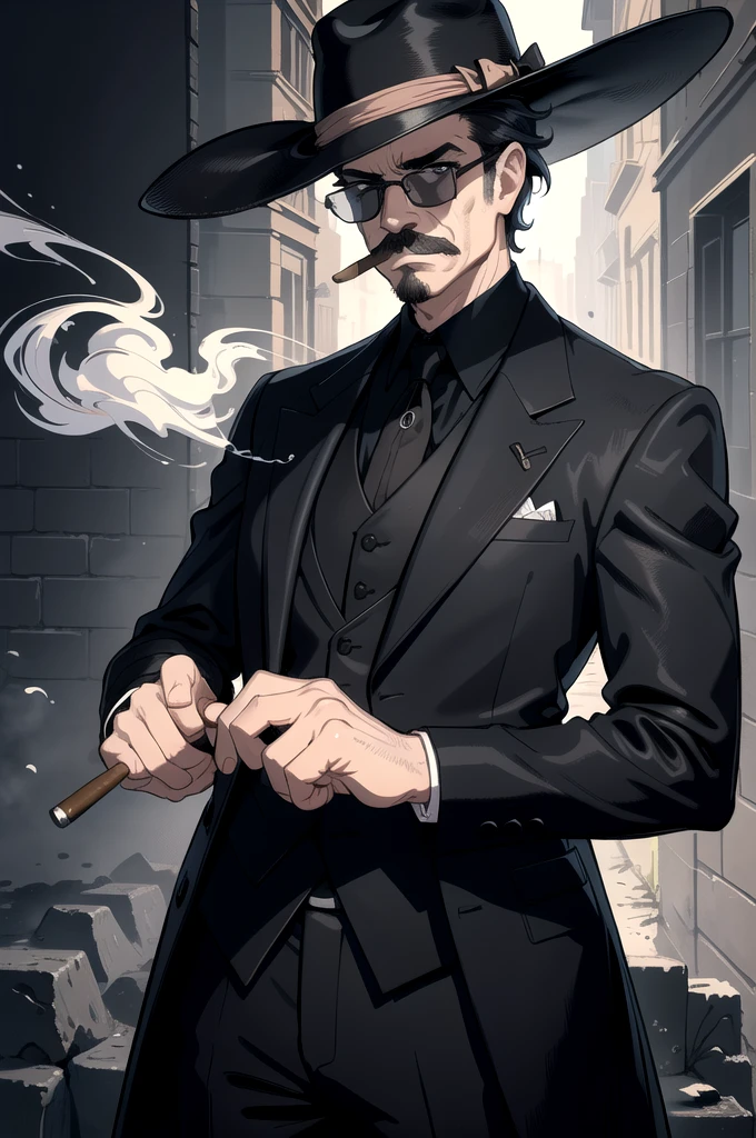 (best quality,4k,8k,highres,masterpiece:1.2),realistic,portrait,vivid colors,mysterious lighting,medium:charcoal sketch,man with mustache,cigarate,mafia,black glasses,sharp focus,stern expression,dark background,confident stance,casual suit,smoke rising from cigar,sharp features,faint smile,stylish hat,subtle shadows,lining details,intense gaze,oil painting texture,mysterious atmosphere