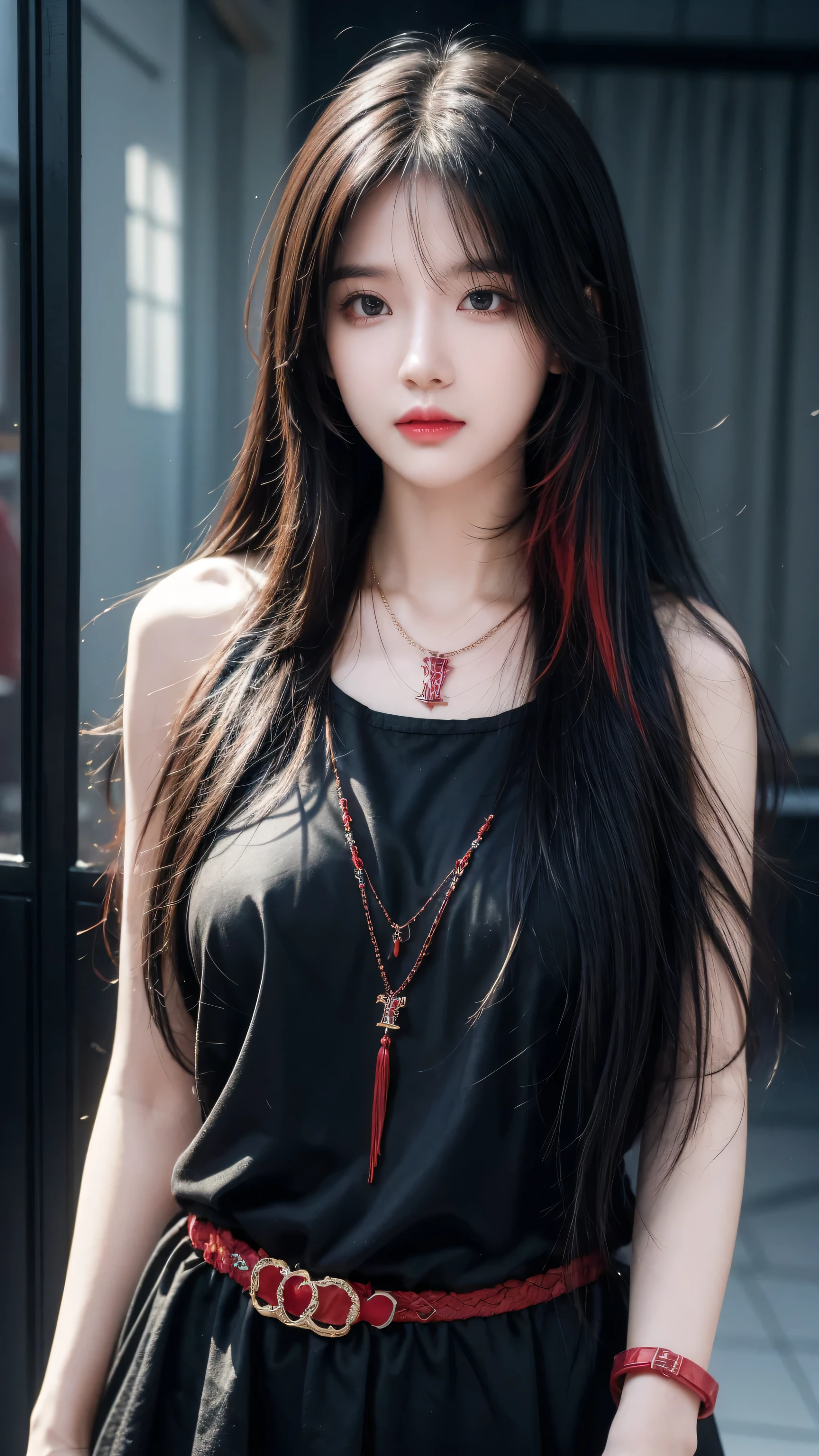 best quality, Intricate details, Chromatic Aberration, 1 Girl, Long hair, Black Hair, Messy hair, Red highlights, Hair covering one eye, Red Eyes, Sharp eyes, Necklace,, , armband, Put your hands behind your back, Arm,