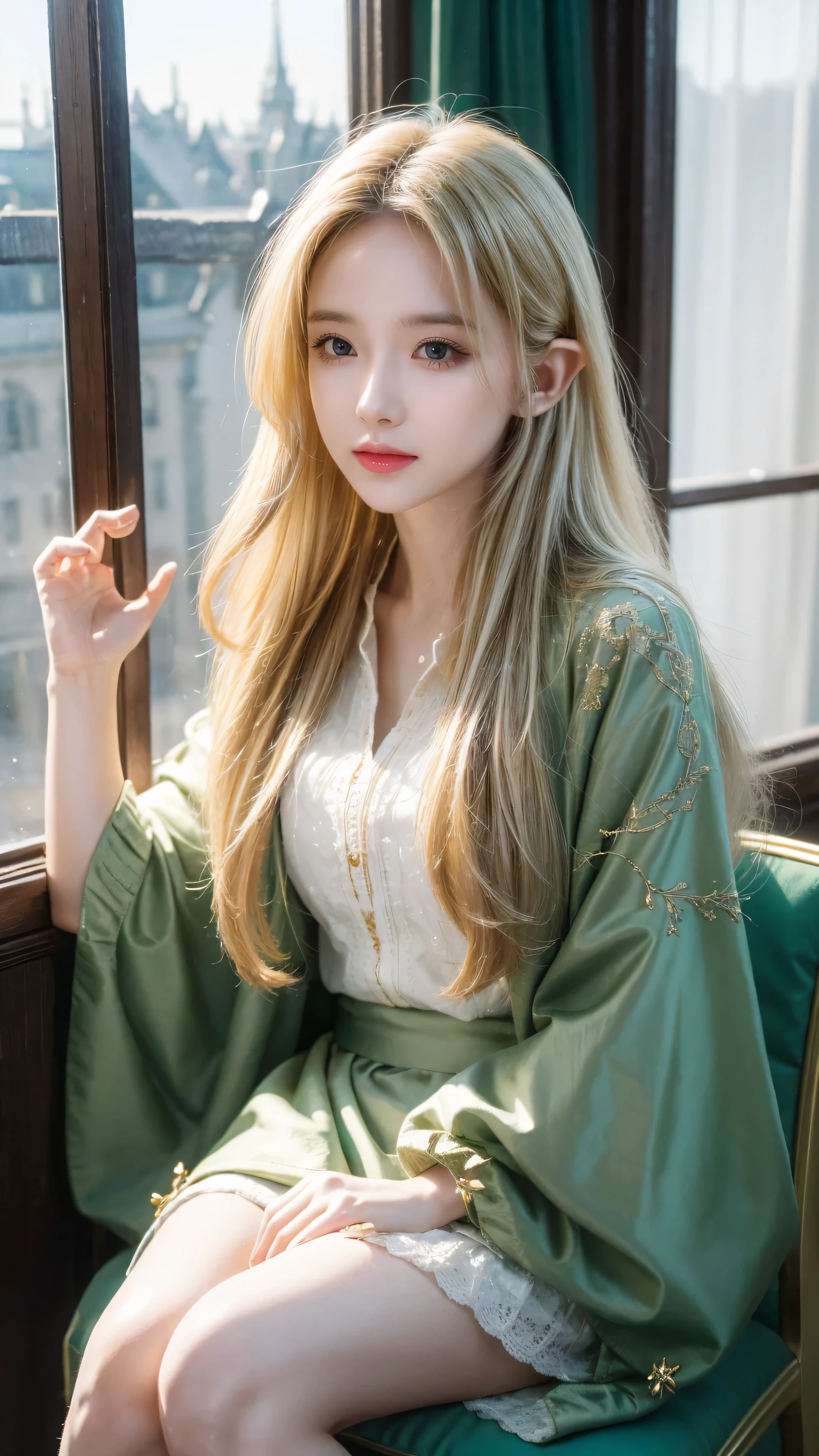 (((masterpiece, best quality, HD, High Detail)))), (((fantasy))), ((Walled City)), ((Inside the hostel)), (sit on the chair，Looking out the window))), ((People walking through the city)), one, elf woman, White skirt，Embroidered with gold, Long straight blond hair, Dark green eyes, Green coat embroidered with gold thread, Smile, Large target, (breeze) , There are many light particles floating in the room